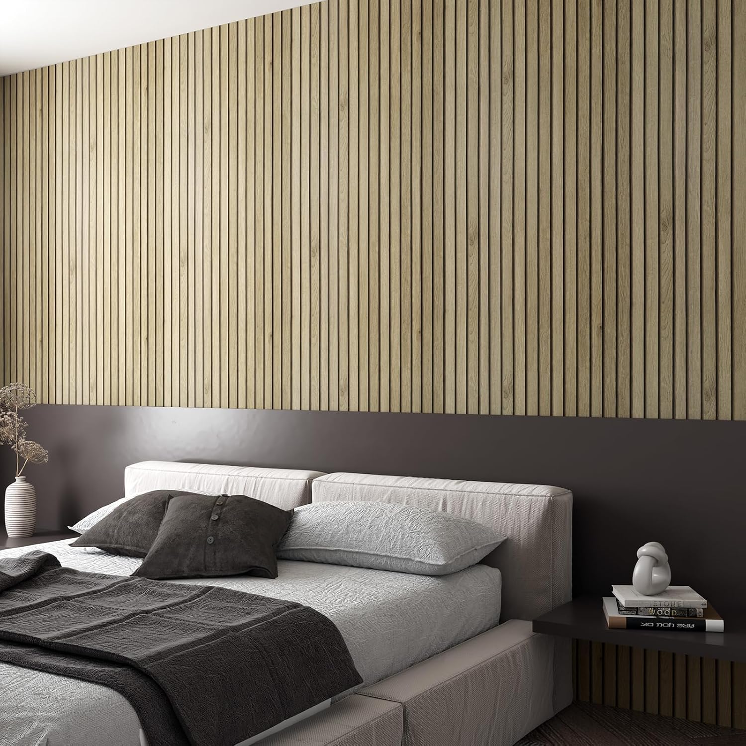 Decotalk Wood Peel and Stick Wall Panel - 17.7"x120" Removable Brown Slat Wood Contact Paper for Bedroom and Cabinets