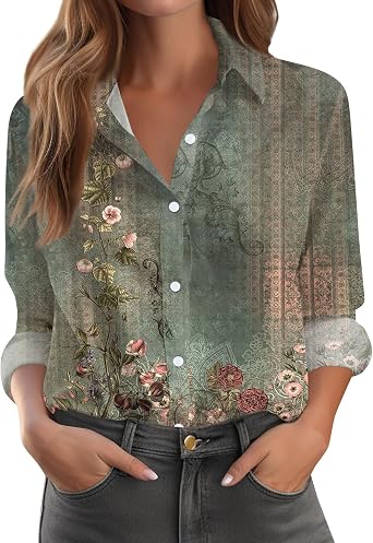 Button Down Shirts for Women Dressy Floral Printed Long Sleeve Blouse Business Casual Work Tops