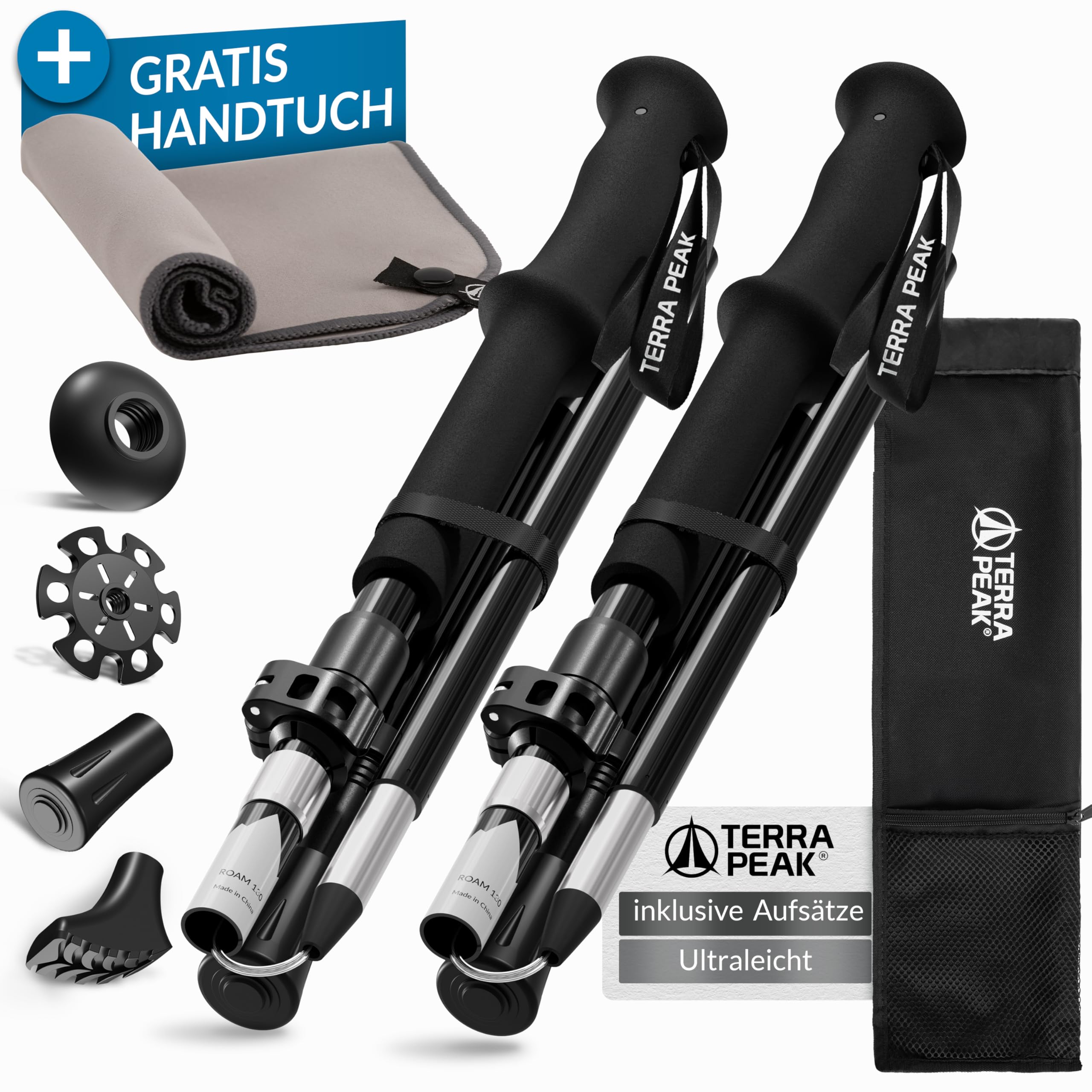 Terra Peak® Premium Wanderstöcke faltbar, ausziehbar & Ultra-leicht - GRATIS Mikrofaser-Handtuch - Damen & Herren Trekkingstöcke & Nordic Walking Stöcke klappbar - Wanderstock mit Gummipuffer