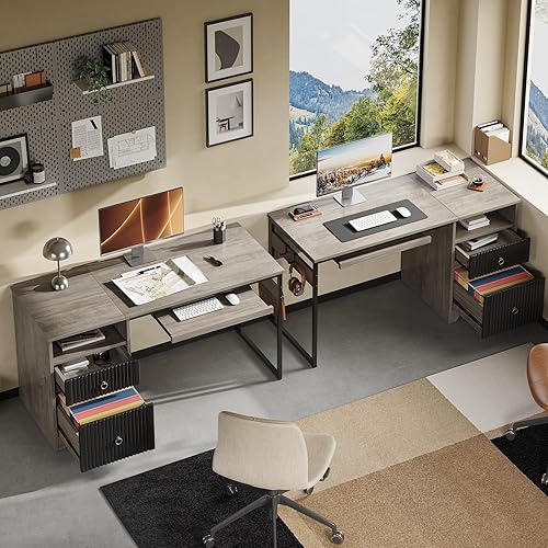 Miniatura 8 de Bestier - Escritorio para computadora de 55 pulgadas con bandeja para teclado, escritorio de oficina moderno con almacenamiento, escritorio de