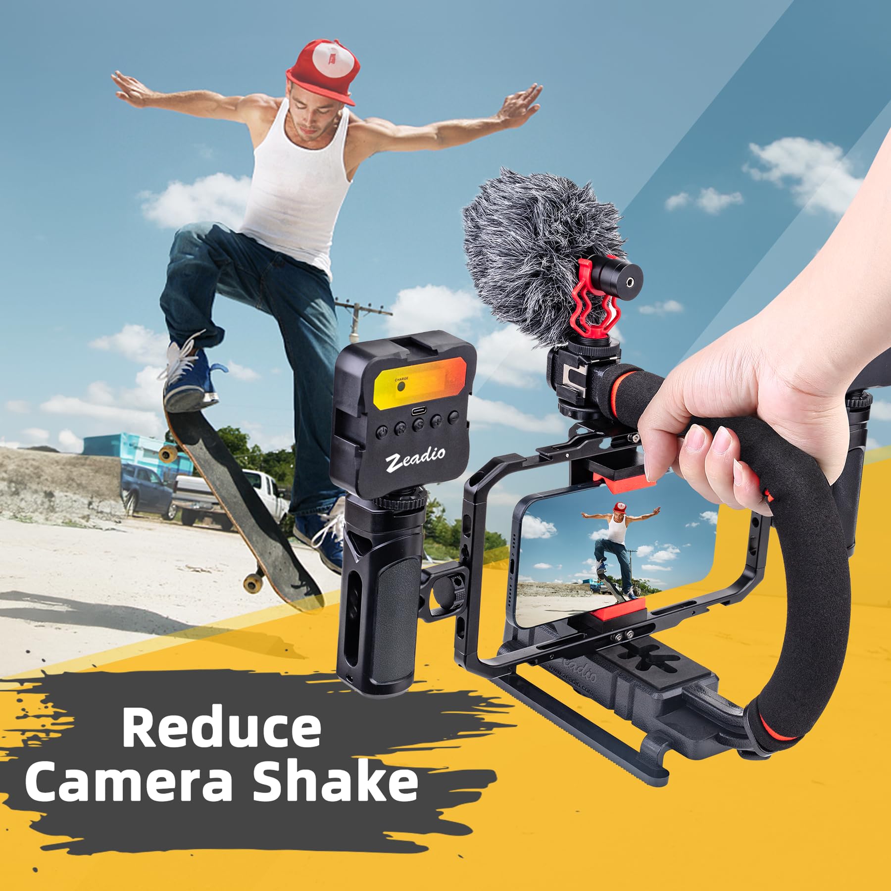 Zeadio Kit stabilizzatore per fotocamera per smartphone, portatile con supporto video portatile con gabbia in alluminio Smarphone, luce video RGB e microfono per tutte le fotocamere DSLR, ecc