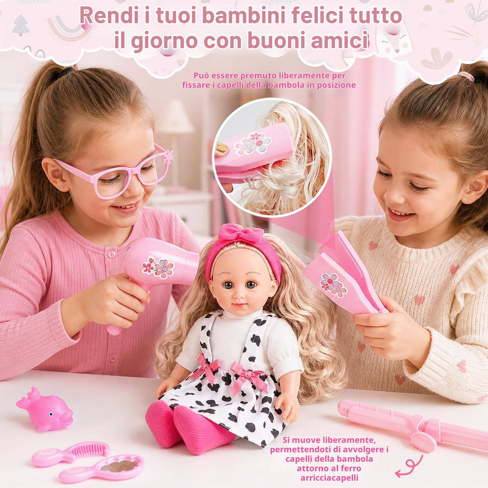 deAO Bambola con Accessori con 4 Vestiti e Kit Parrucchiere