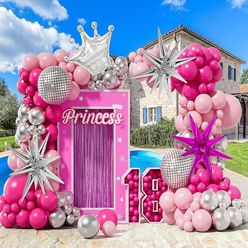 Kit de arco de globos de color rosa y plateado con globos de corona de estrella de bola de discoteca rosa pastel y plata para fiesta temática de
