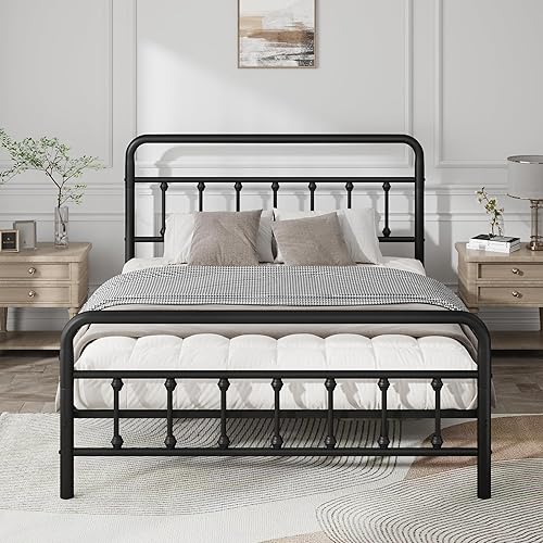 Marco de cama de plataforma de metal, estilo clásico victoriano vintage, cabecera de hierro forjado, listones de acero resistente, no requiere