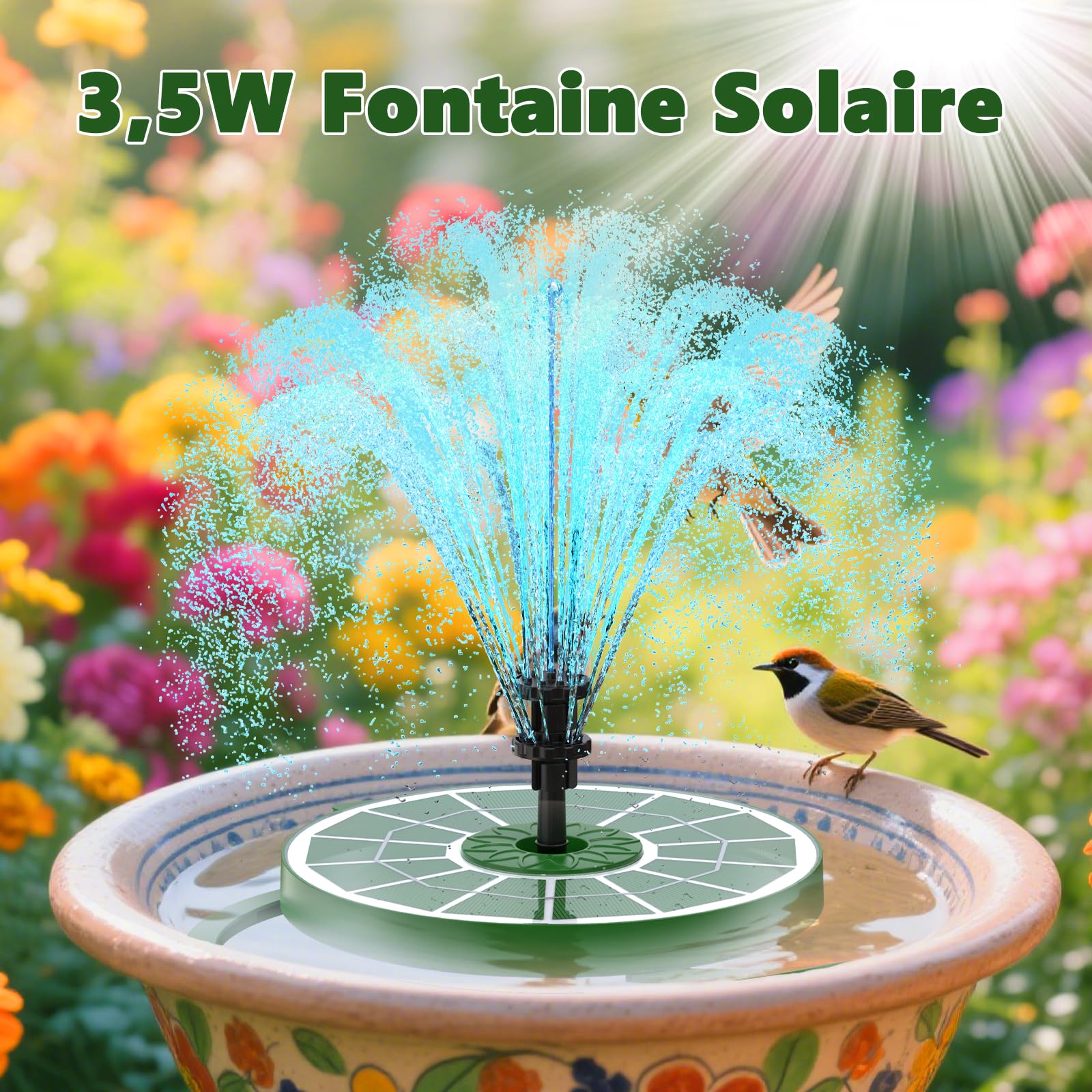 AISITIN Fontaine Solaire 3,5W Pompe de Fontaine Flottante Solaire avec Divers Effets de Pulvérisation, Pompe Solaire Bassin Exterieur avec Vitre en Verre Vert Foncé pour Jardin
