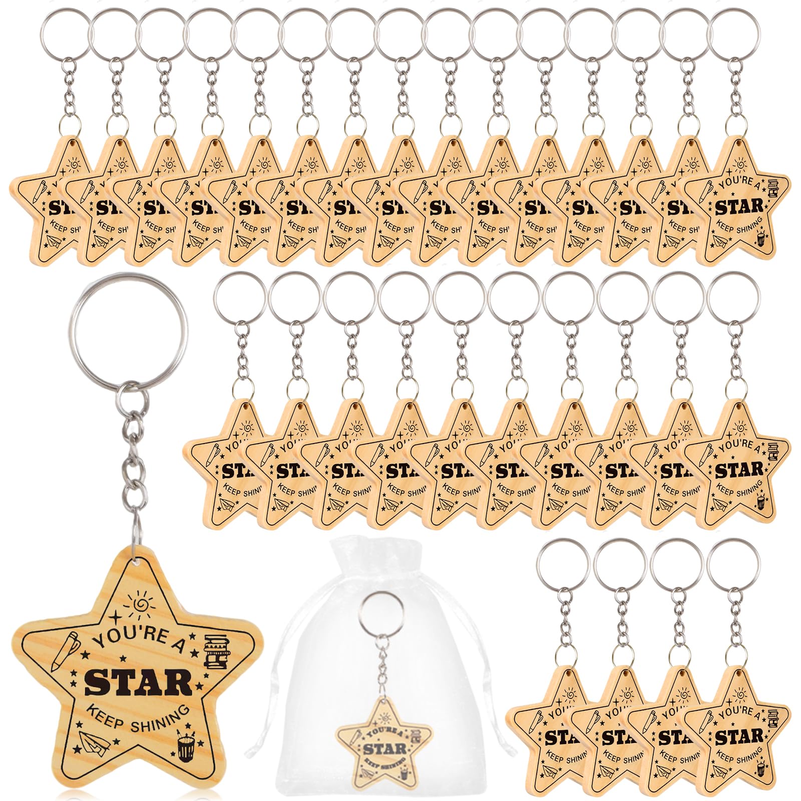 Johiux 30 Sets School Leaver Star Keyring Gifts Class End of Term for Students from Teachers,Leaving Gift You're a Star Keep Shining Class Gifts for 30 children Wooden Token.