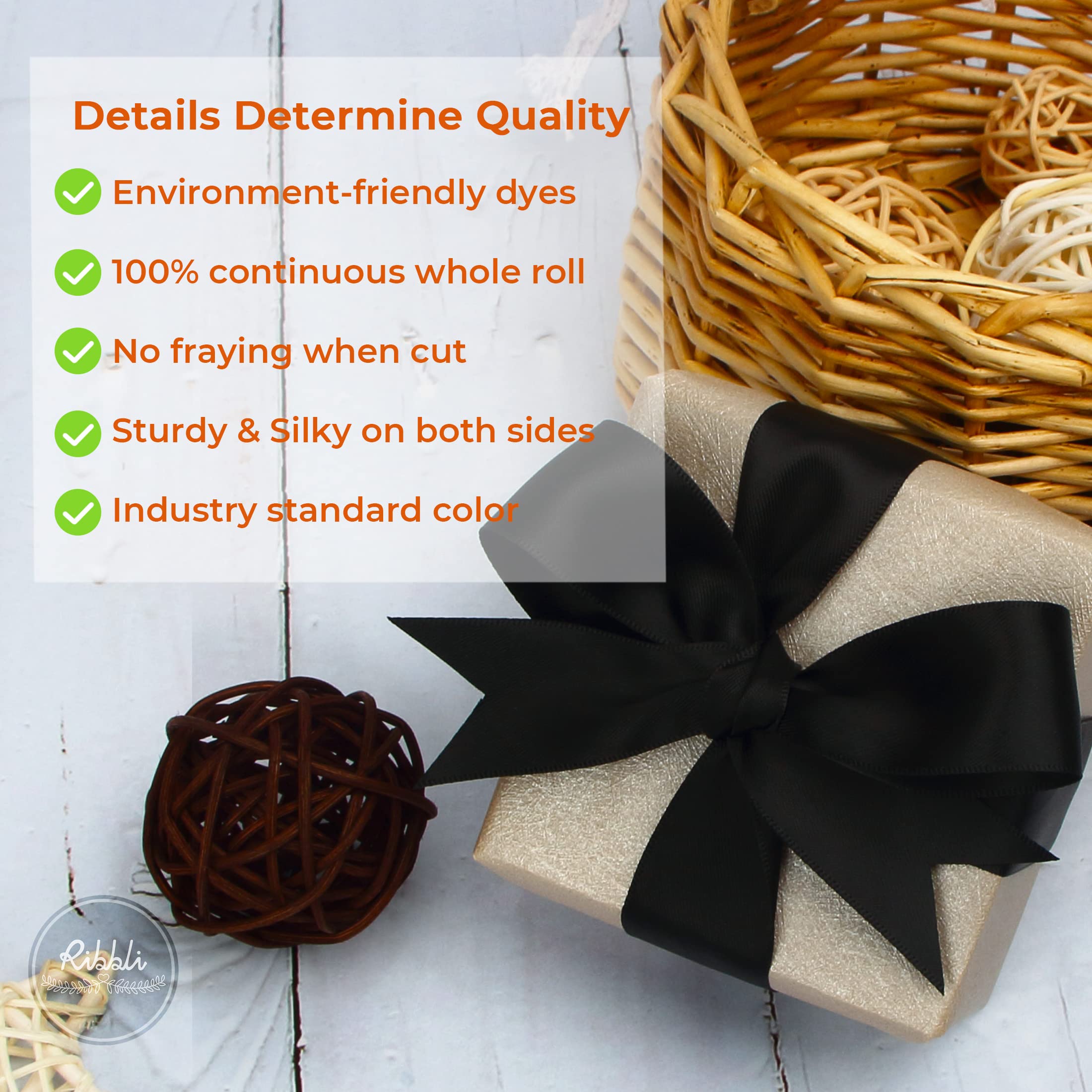 Ribbli Black Satin Ribbon Double Faced Satin 1 inch x Continuous 50 Yards-Black Ribbon for Gift Wrapping Crafts Wedding Decoration Bows Bouquet Floral Arrangement