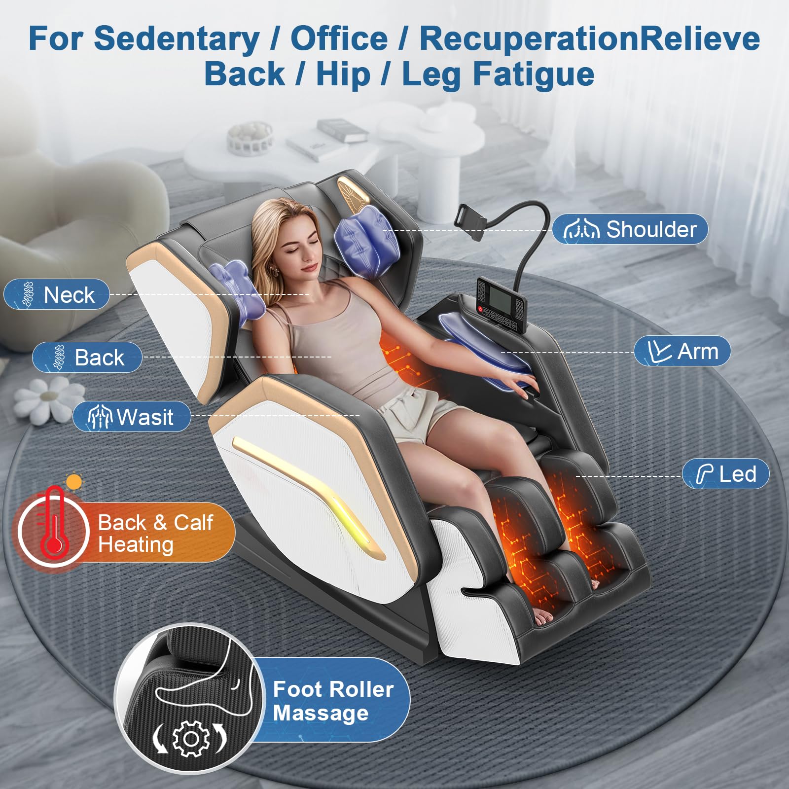 Poltrona massaggiante, Poltrona reclinabile con massaggio completo a 14 rulli, 8 airbag massaggianti, funzione di riscaldamento, massaggio ai piedi, altoparlante Bluetooth, telecomando touch