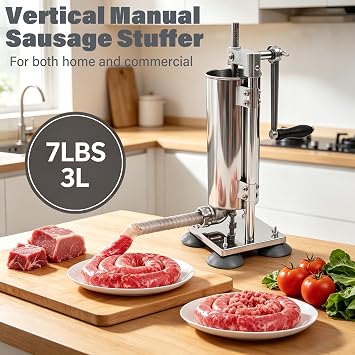 7LBS 3L Manual Sausage Stuffer Machine, Vertical 304 Stainless Steel Sausage Maker Press Machine, 8x Stuffing Tubes 15/16/19/22/25/28mm