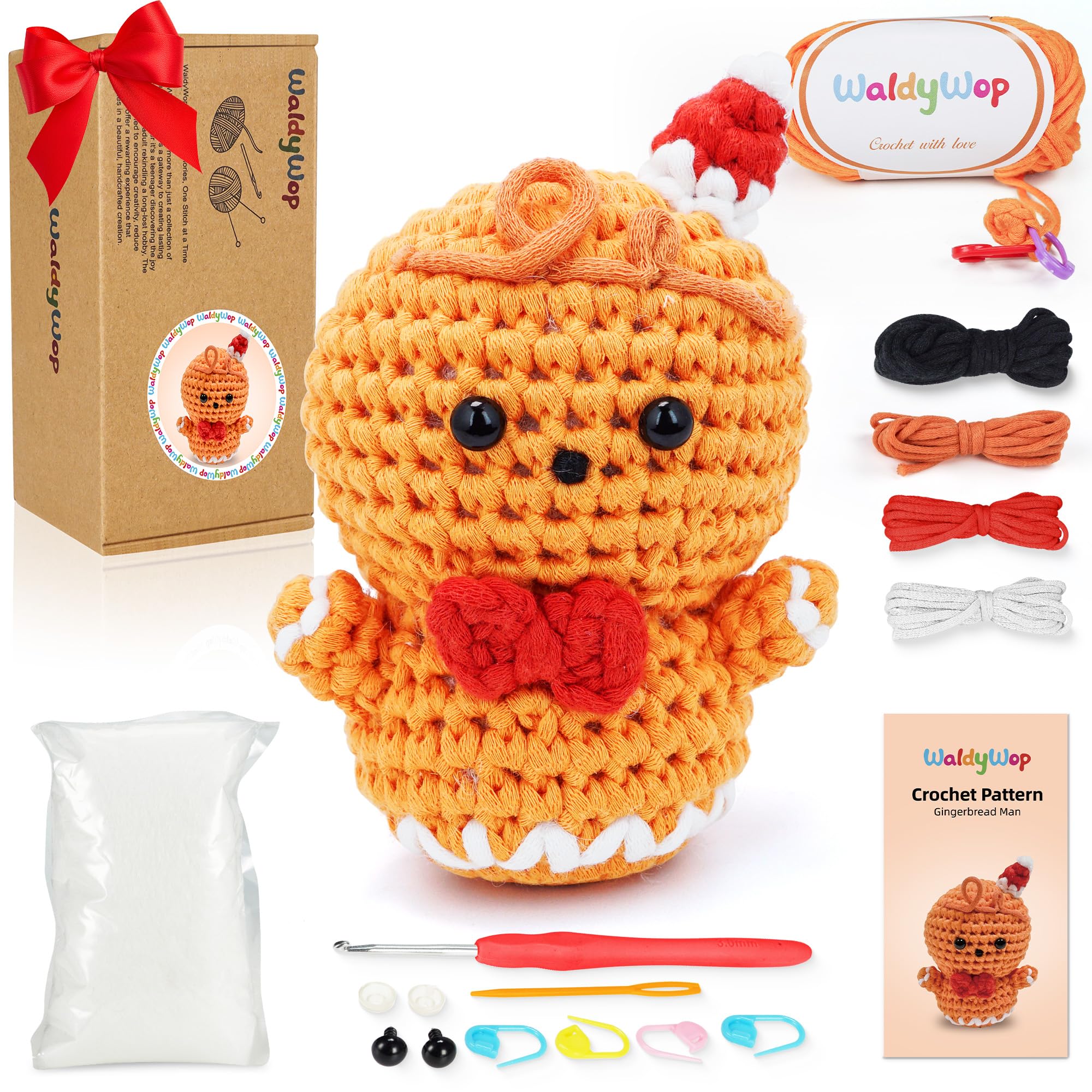 Wobbles Crochet Kit for Beginners | Gingerbread Man Beginner Crochet Kit for Adults, Easy Knitting Kits w/Pre-Started Yarn, Crochet Hook, Step-by-Step Tutorials | DIY Craft Gifts or Christmas Décor