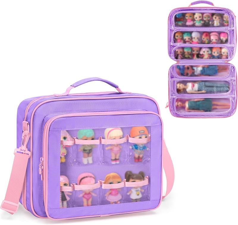 Doll Carrying Case Compatible with LOL Surprise Dolls All | Display Storage for Doll Organizer with 7 Clear Zipper Pockets and a Handle Strap & Shoulder Strap, Purple, Bag Only