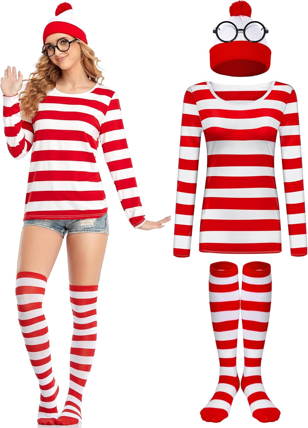 (Missing socks) URATOT Halloween Women Costume Sets Red and White Striped T-shirt Knit Beanies Striped Socks Nerd Glasses Large
