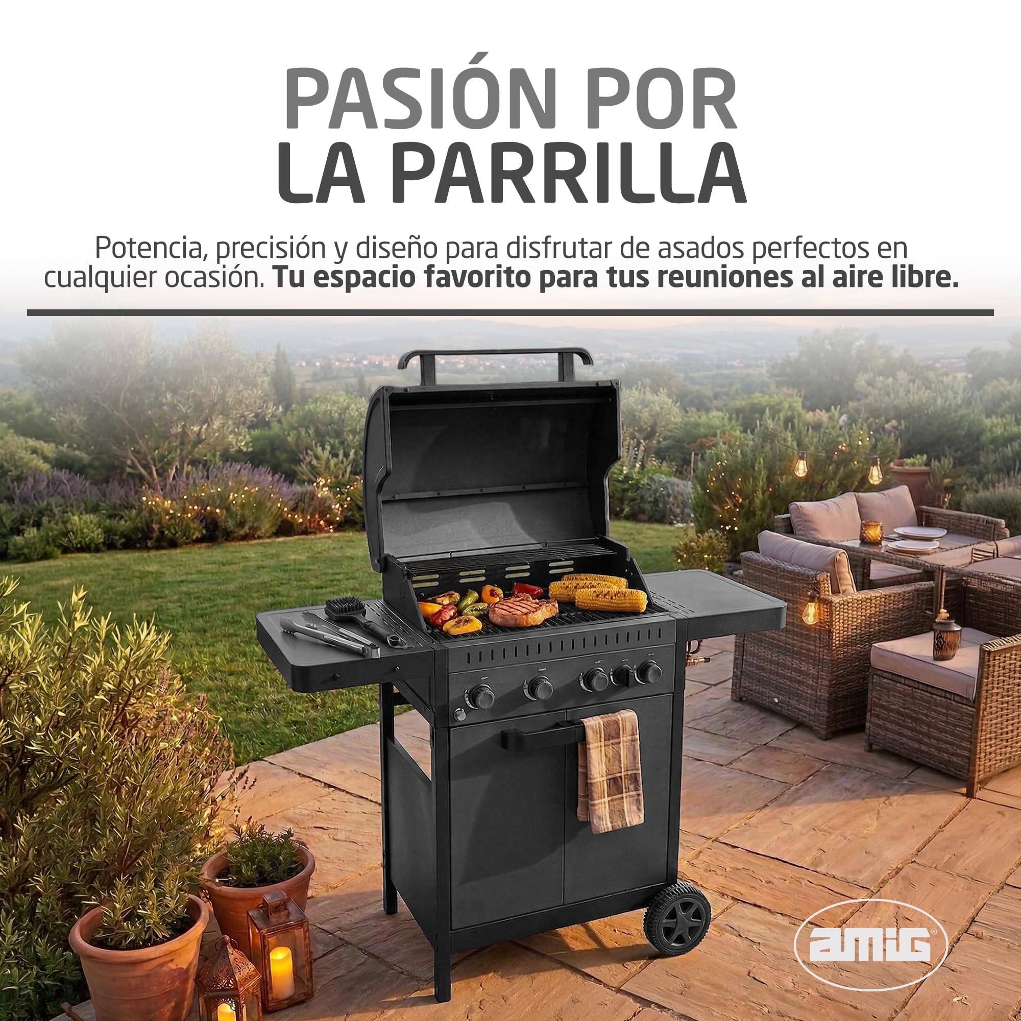 Amig - Barbacoa de Gas IGNIS 4+1 (4 Quemadores + 1 Lateral) - 123 x 55 x 110 cm - Superficie de Cocción 60 x 38 cm - Con Termómetro, Bandejas Laterales, Ruedas y Parrilla de Hierro Fundido - Negro