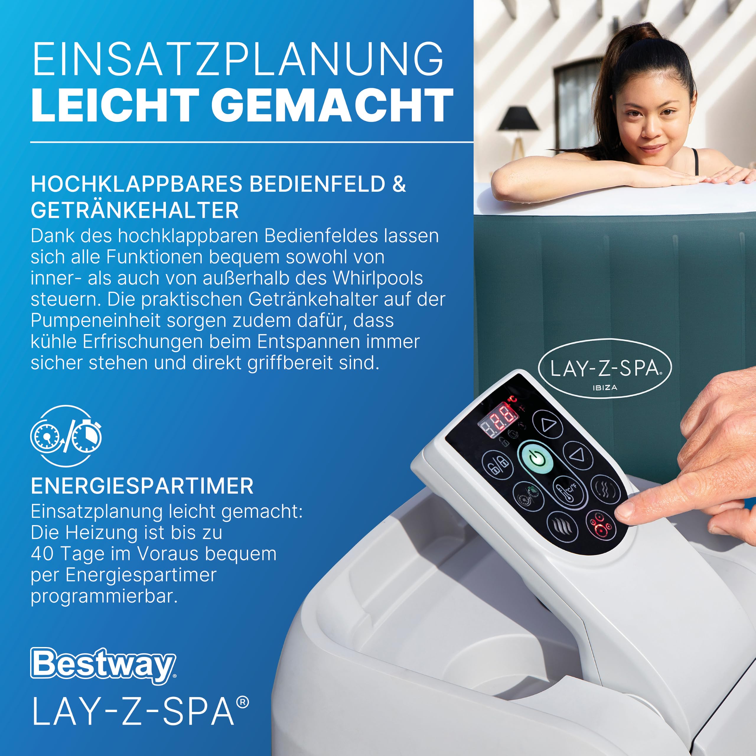 Bestway Lay Z Spa Ibiza AirJet Energiespar-Whirlpool 180x180 cm – aufblasbarer Whirlpool für 6 Personen mit 140 Luftdüsen, EnergySense Isolierung, Frostwächter & Timer – dunkelgrün