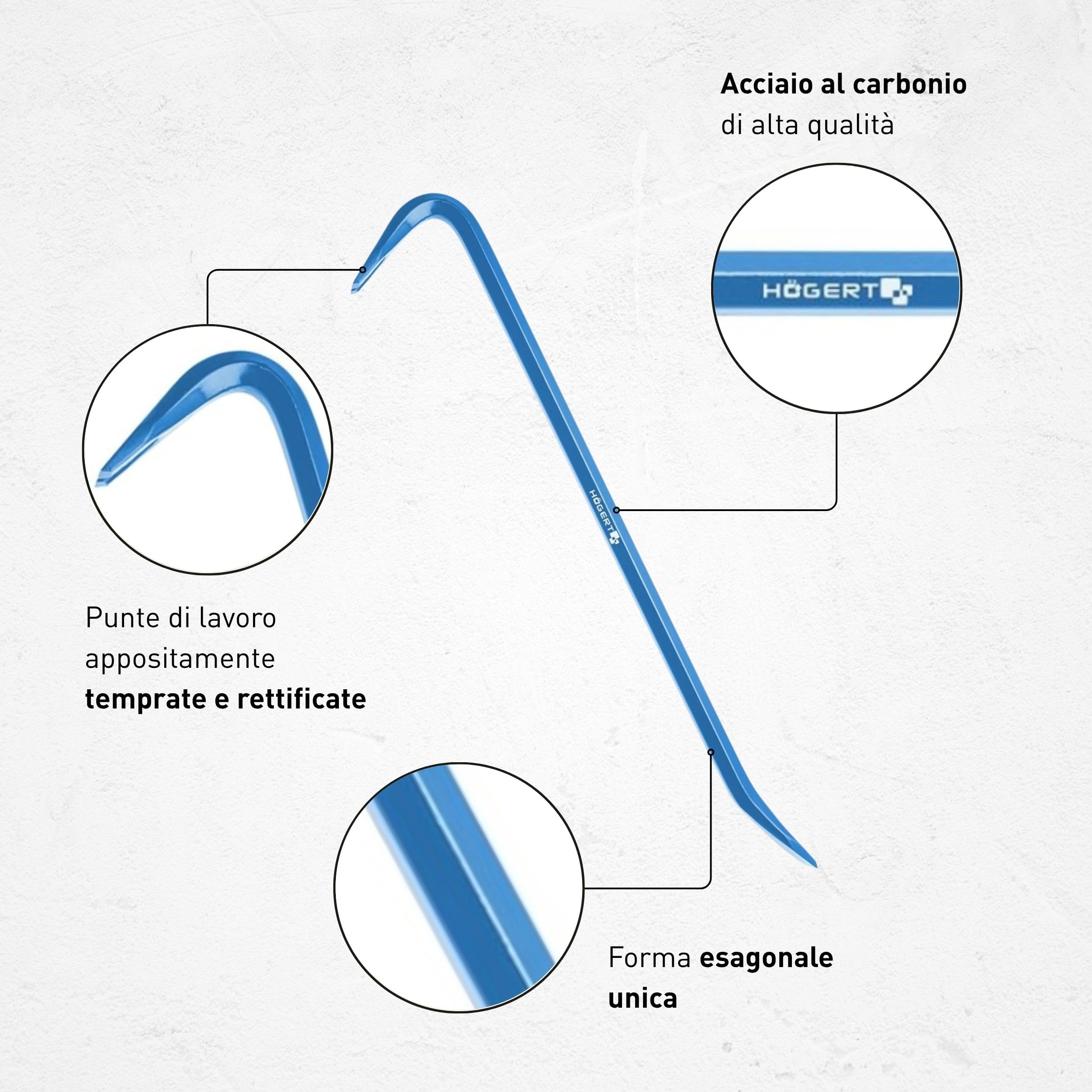 Ferro di porco | Asta di porco esagonale in acciaio al carbonio | Leva ottimale e resistenza alla flessione | 1200 x 19 mm | Durezza HRC 42-48 | Högert Technik