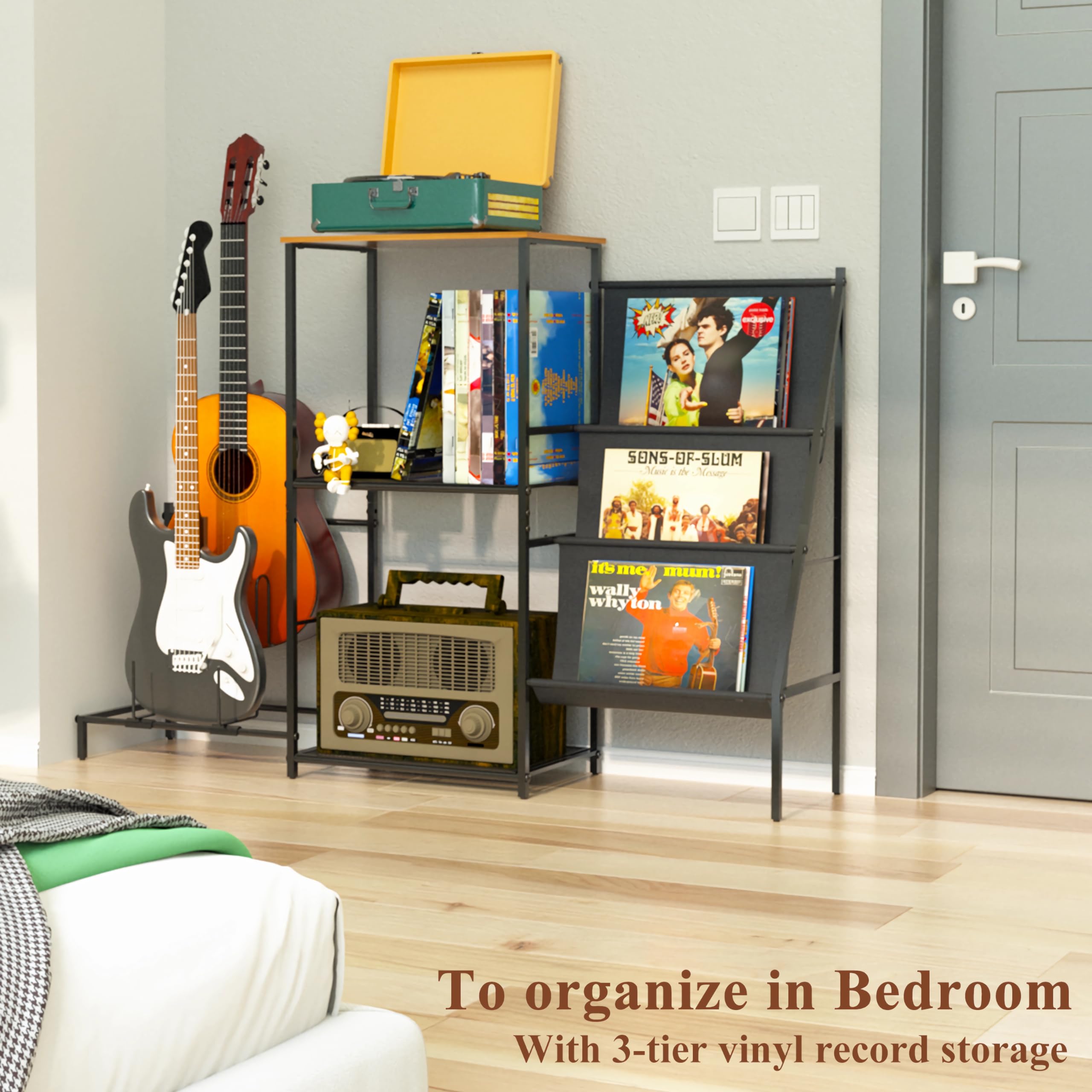 Record Player Stand with 3-Tier Vinyl Record Storage Double Guitar Stand Holder, Record Player Table with Turntable Stand,Vinyl Record Holder Display Shelf Storage Up to 150 Albums for Living Room