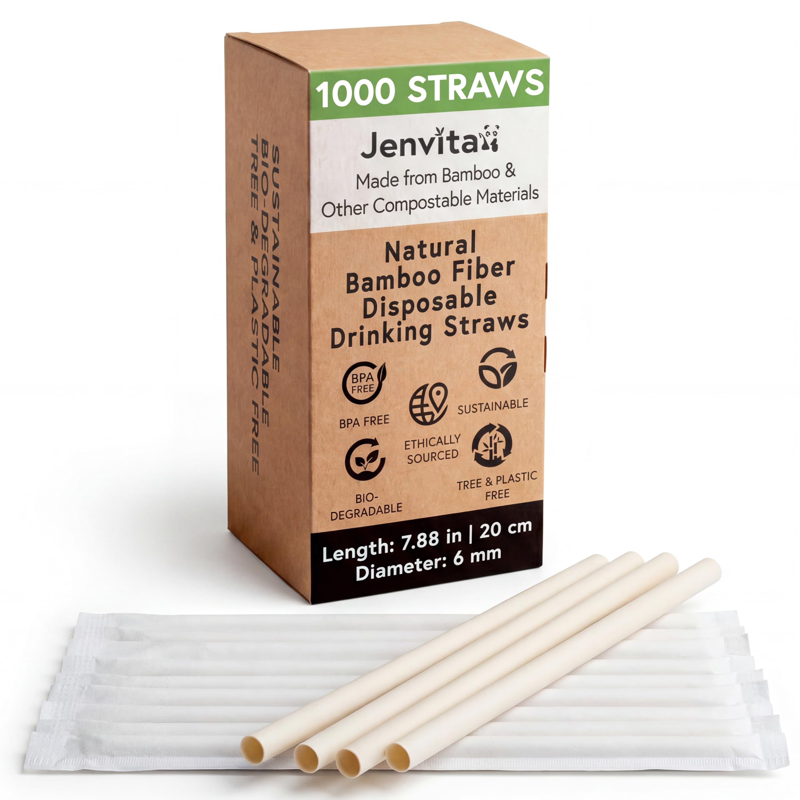 Ibambo Confezione da 1000 (4 scatole da 250) cannucce usa e getta in bambù – Cannucce compostabili da 20 cm – realizzate in fibra di bambù per bevande calde e fredde – cannucce ecologiche per uso