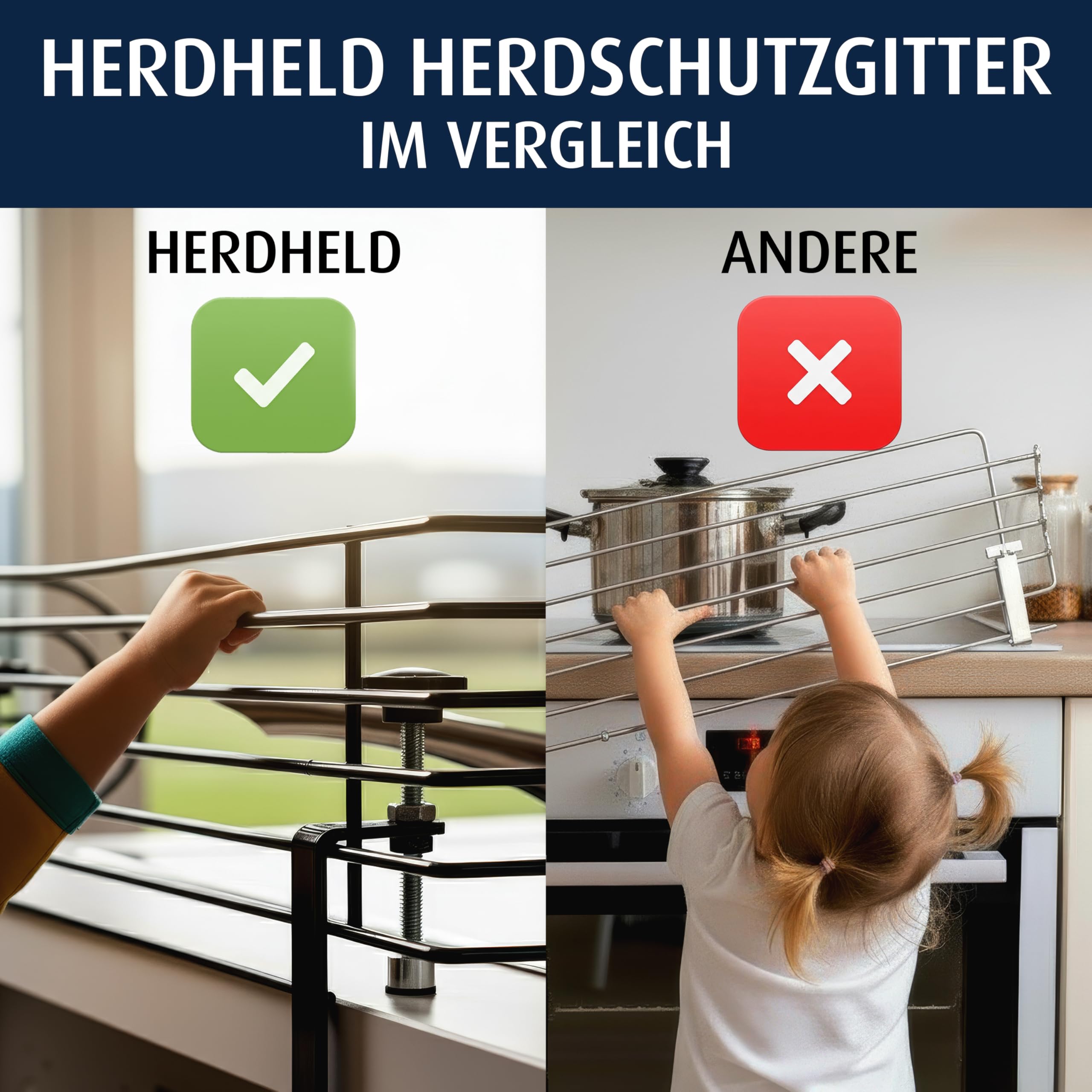 Generisch HerdHeld Herdschutz-Gitter Besonders Fest & Sicher, alle Herdarten, ohne Bohren| Kinderschutzgitter Herdgitter Herd Kindersicherung Schutzgitter Sicherung z. Klemmen als Schutz f. Kinder