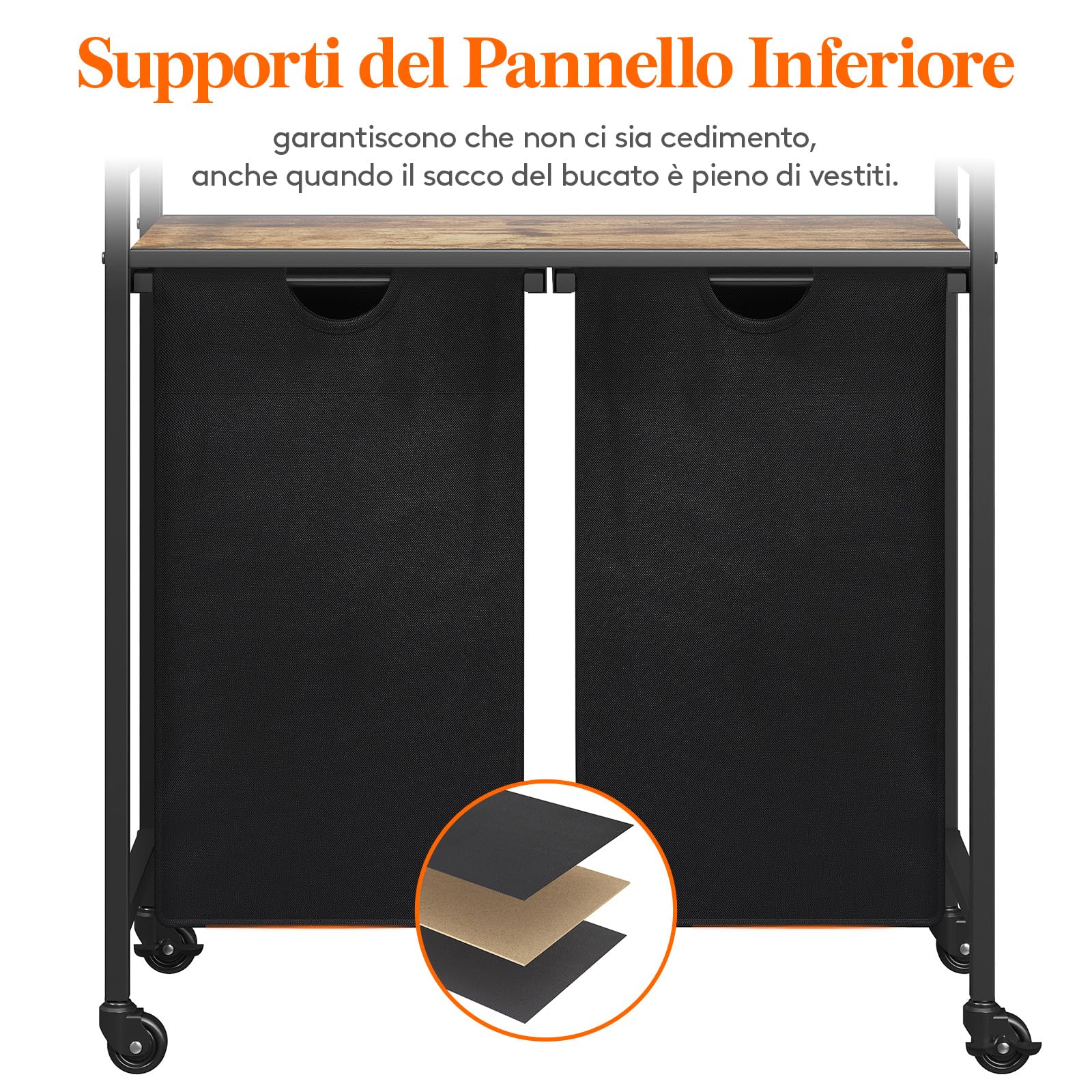 Lifewit Cesto Portabiancheria con Ruote, Mobile Biancheria Sporca con Sacco Porta Biancheria in Tessuto Oxford e Ripiano in Metallo per Lavanderia, Camere da Letto, Bagno, 2 Scomparti, 95 L, Nero