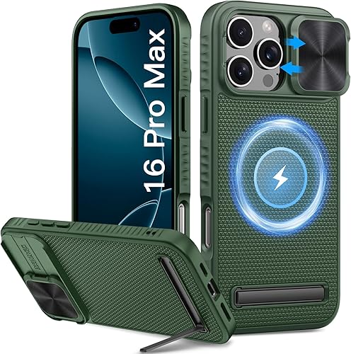 Vista 12 de Vihibii Funda para iPhone 16 Pro con cubierta deslizante para lente de cámara y soporte, [compatible con MagSafe], protección contra caídas de grado