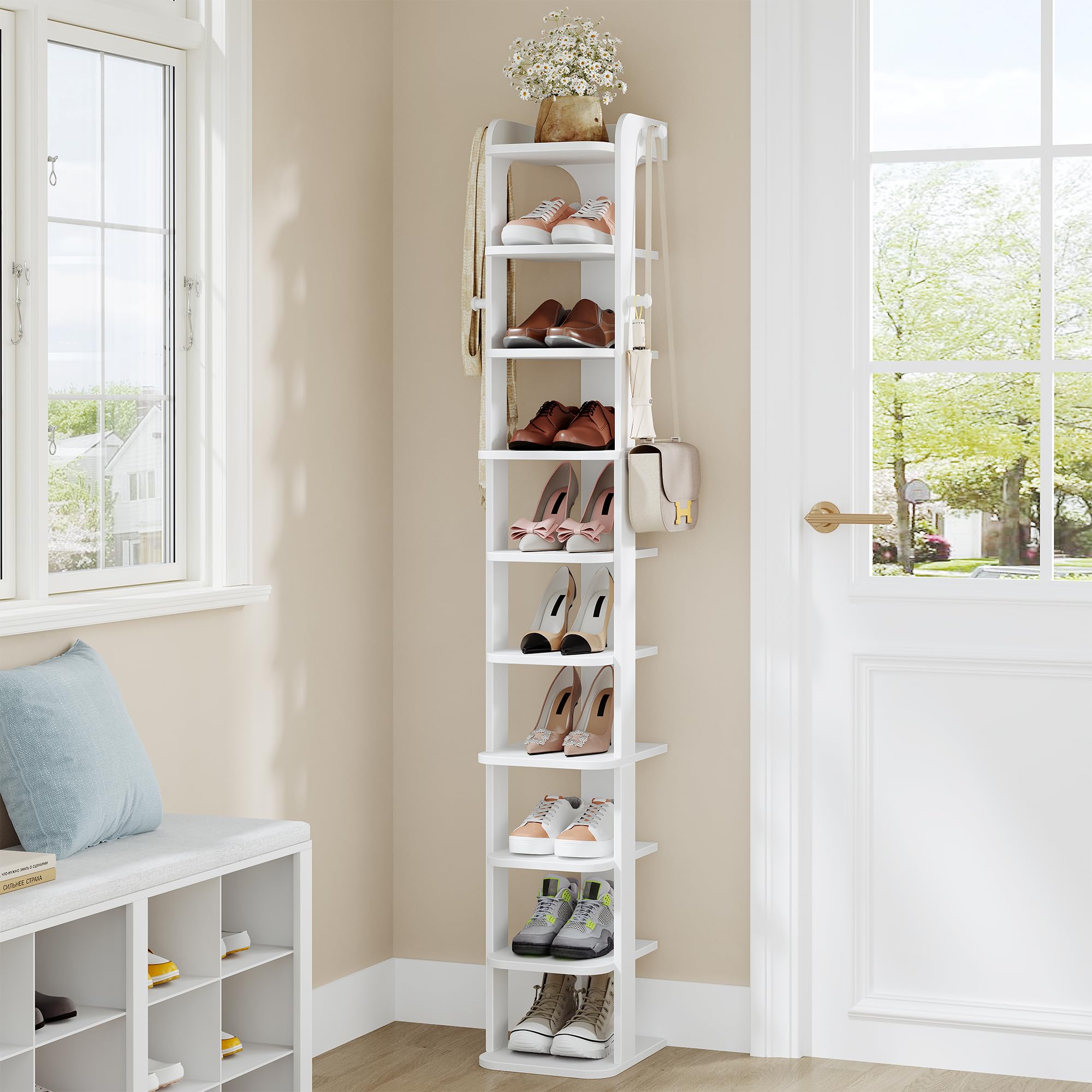 Hzuaneri Vertical Shoe Rack, 10 Tier Narrow Shoe Rack For Small Space, Wooden Shoes Organizer With Hooks, Adjustable Slim Shoes Tower for Entryway, Living Room, Bedroom, White SR21003X