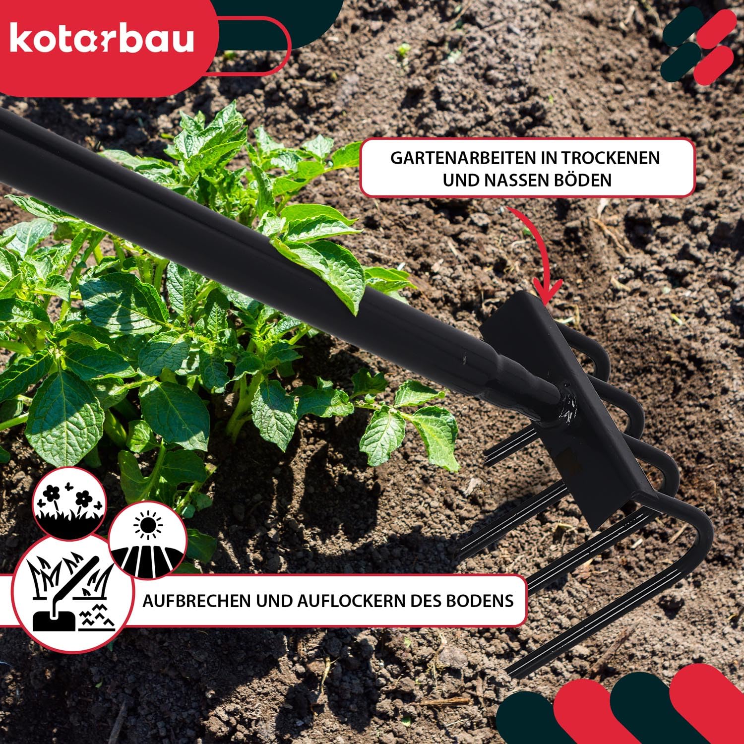 KOTARBAU® Binette de jardin à 4 dents avec manche de 120 cm - En acier - Pour désherber le sol - Pour ameublir le sol - Outil de jardin - Aérer et aérer avec griffes - Râteau à fleurs