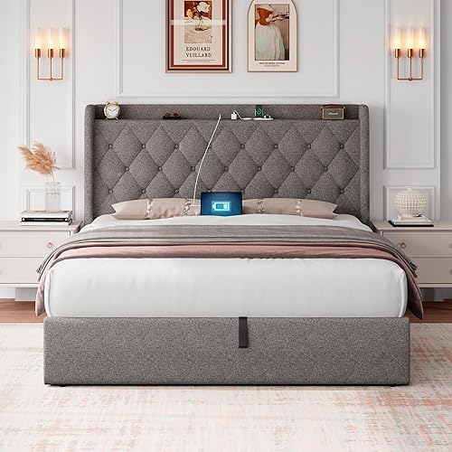 Miniatura 7 de iPormis Base de cama de almacenamiento elevable de tamaño matrimonial con estación de carga, base de cama tapizada con cabecera copetuda,
