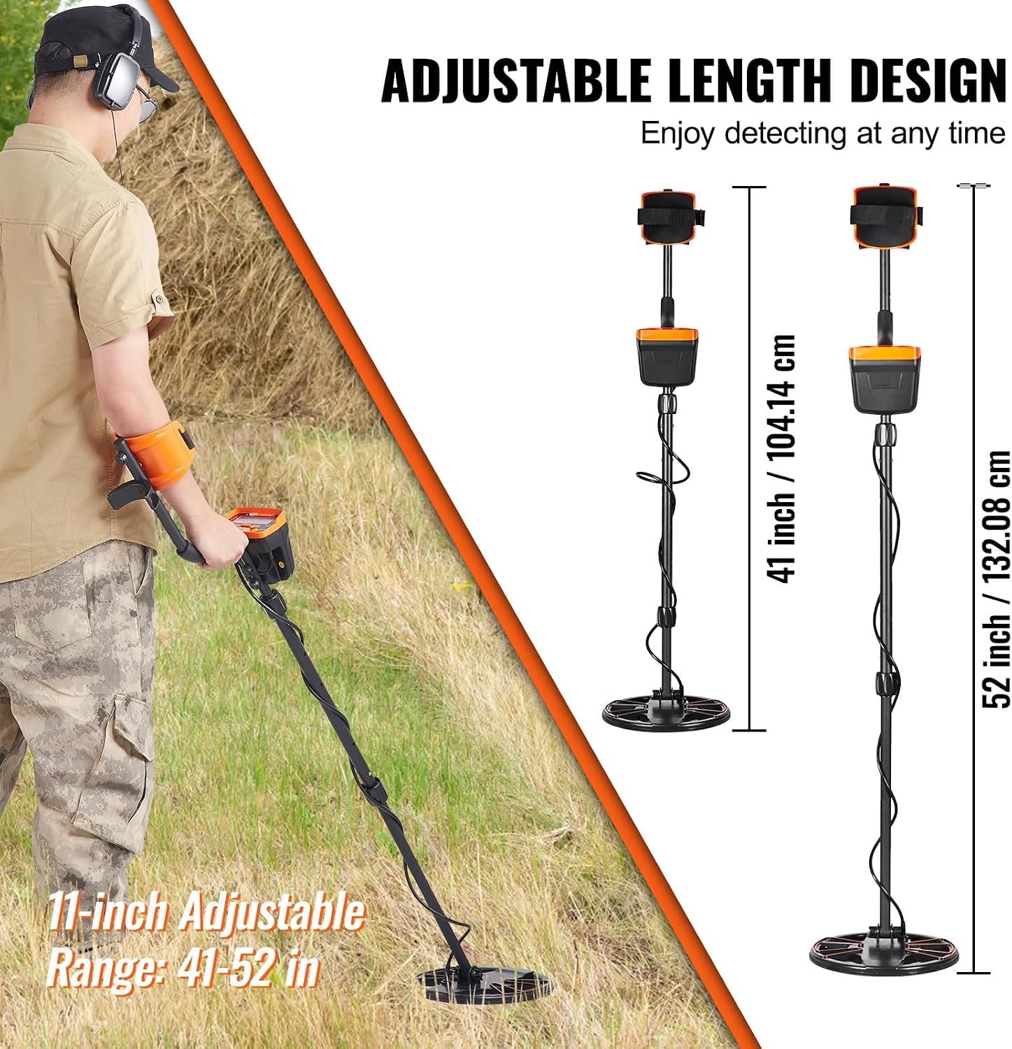 Detector de Metales Profesional Mango de 99-127 cm Detector Recargable Bobina de Búsqueda 30 cm Pantalla LCD IP68 Impermeable 7 Modos DSP Chip Auriculares Bluetooth para Búsqueda de Monedas Oro