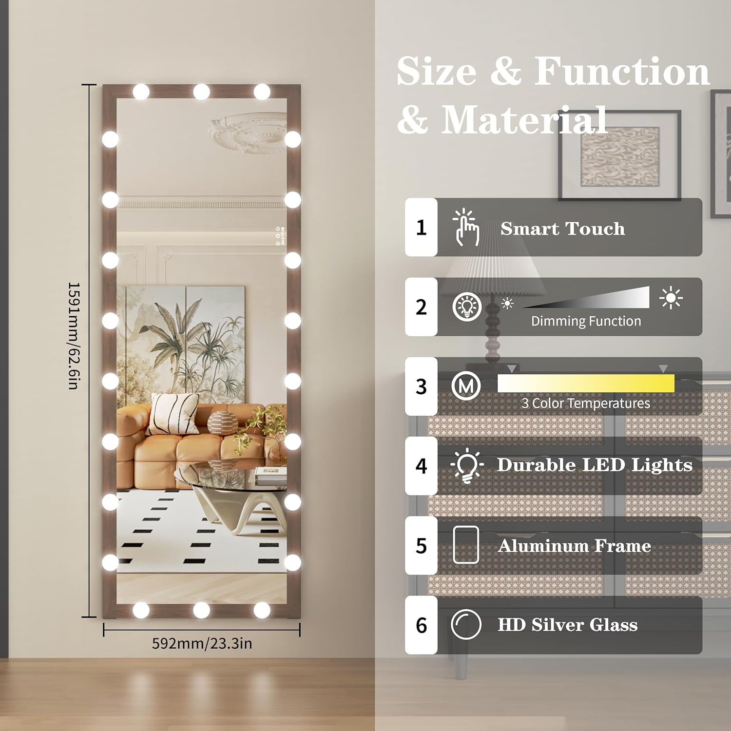 ANYHI Mirror Full Length with Lights, 62.6'' x 23.3'' Lighted Full Body Dressing Mirror with 22 Dimmable Bulbs, 3 Color Lighting, Wood Grain Teak Aluminum Frame, Wall Mounted/Against The Wall 62.6L x 23.3W inches Wood Grain-teak