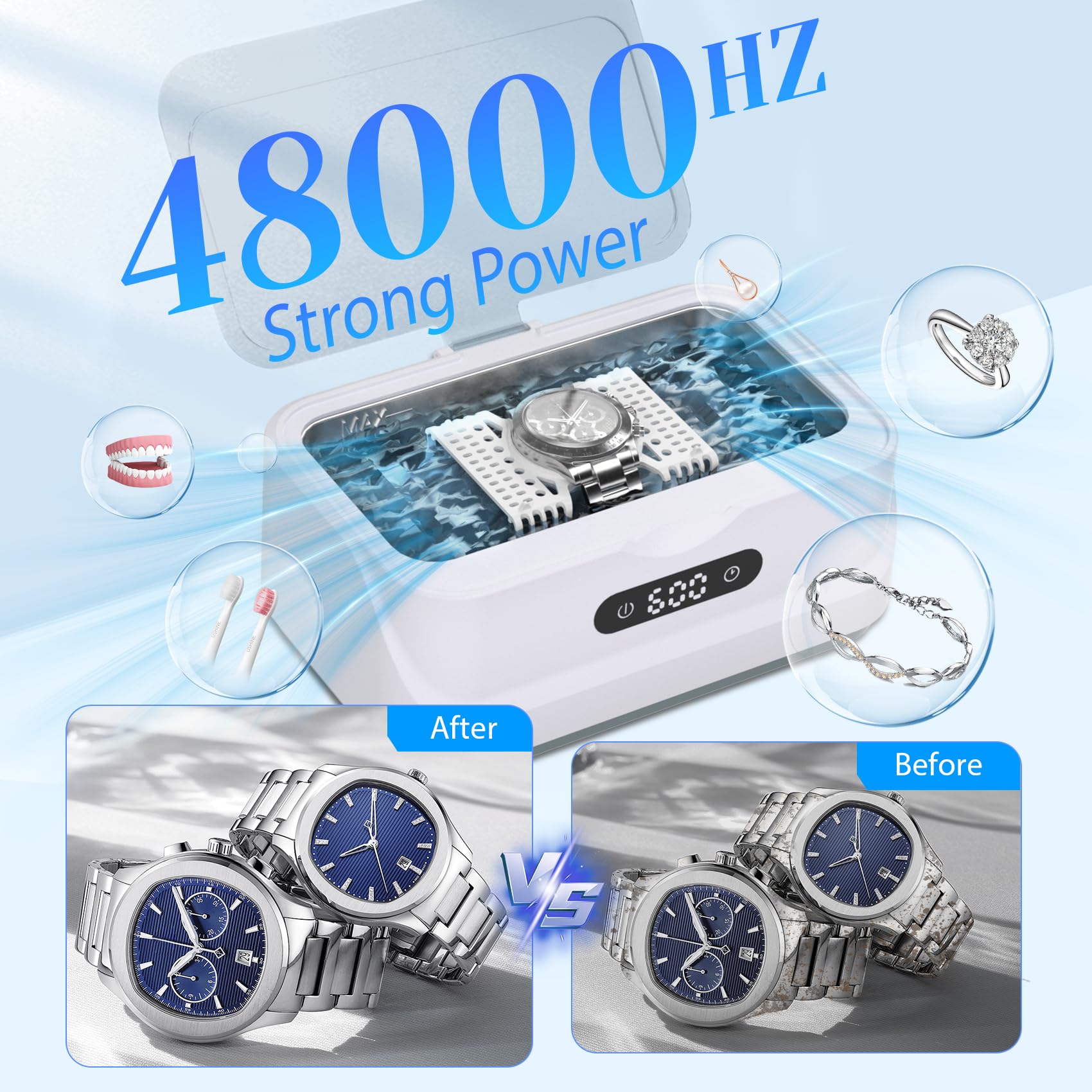 Limpiador ultrasónico de joyas: máquina ultrasónica de 48 Khz con temporizador digital, 4 modos de limpieza, limpiador sónico de 24 W para joyas, gafas, retenedor, correa de reloj, uso