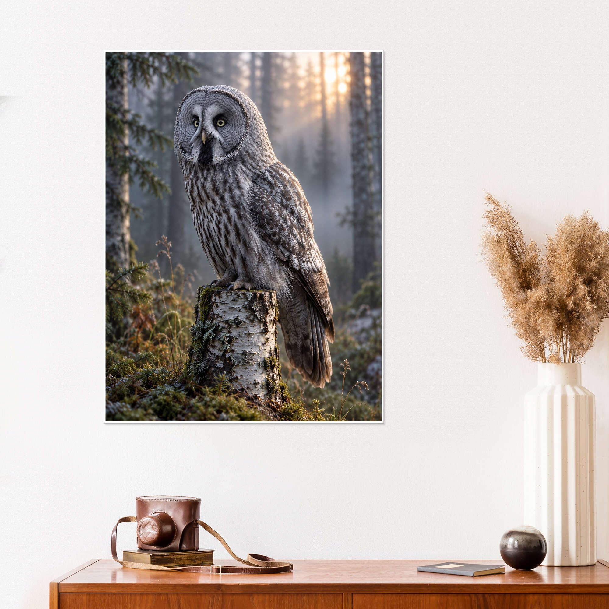 Owl on birch stump Plakat