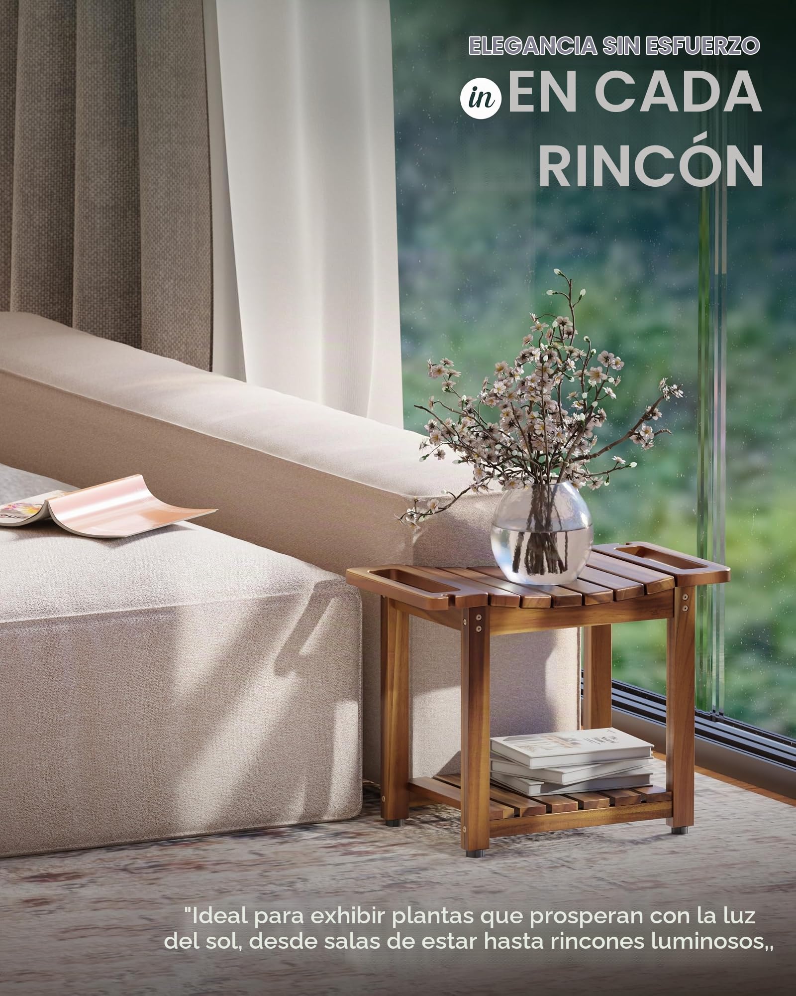 BLUEWEST Banco de Ducha con Estante de Almacenamiento, Bancos de Ducha de Madera Natural para Sentarse en el Interior, Taburete de SPA Impermeable para afeitarse Las piernas con Mango Integrado y