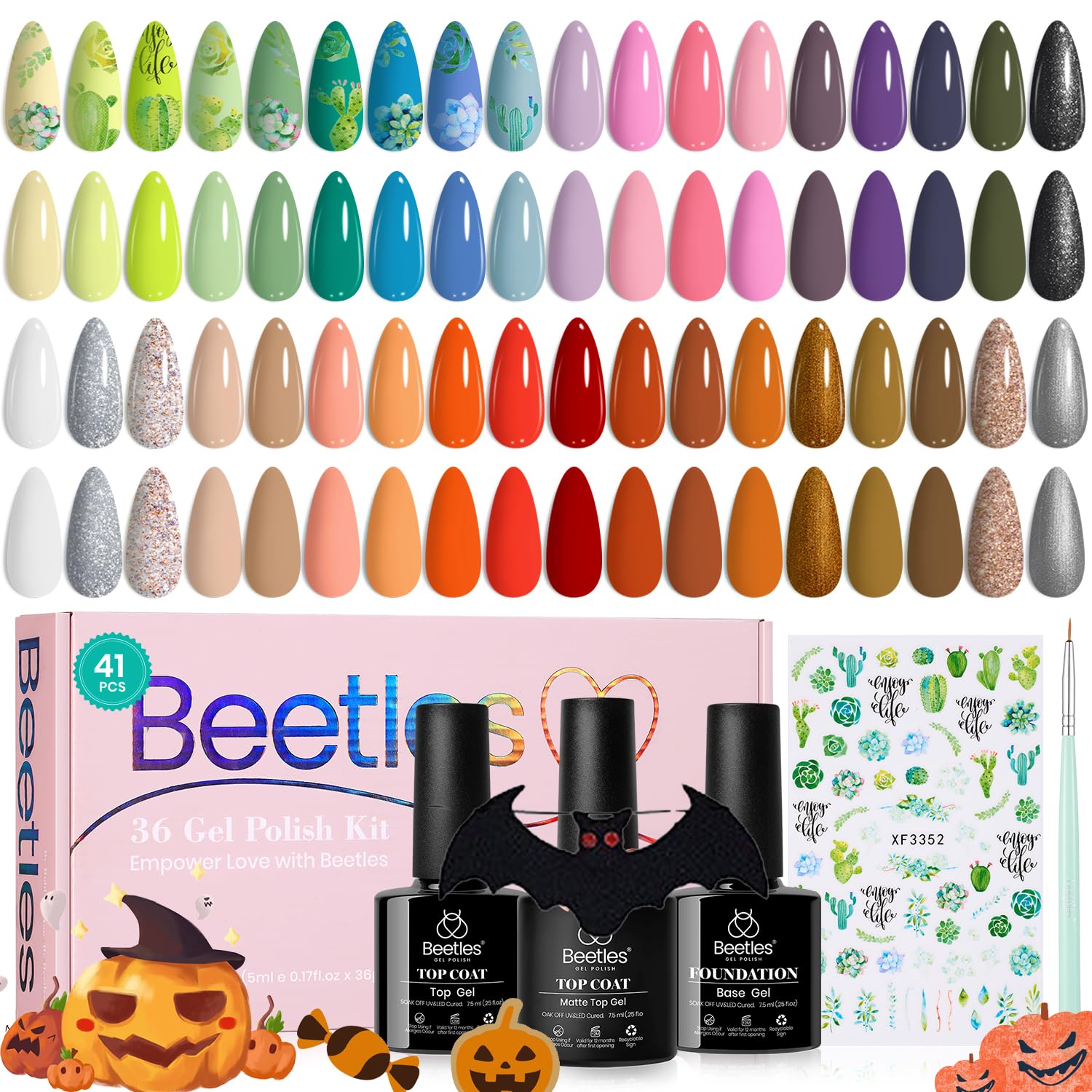 Beetles Gel Nail Polish Set,36 Colors Fall Halloween Gel Polish with Base Matte &amp; Glossy Top White Blue Orange Glitter Brown Gel Polish Set Soak off UV Led Nail Gel for Women