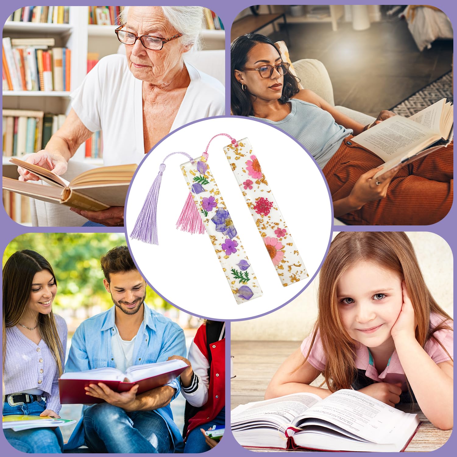 Lot de 2 marque-pages en forme de fleurs séchées avec pompon, marque-pages floraux en résine transparente, fait à la main, joli marque-page, cadeau pour lecteur, enseignant, étudiant (bleu blanc