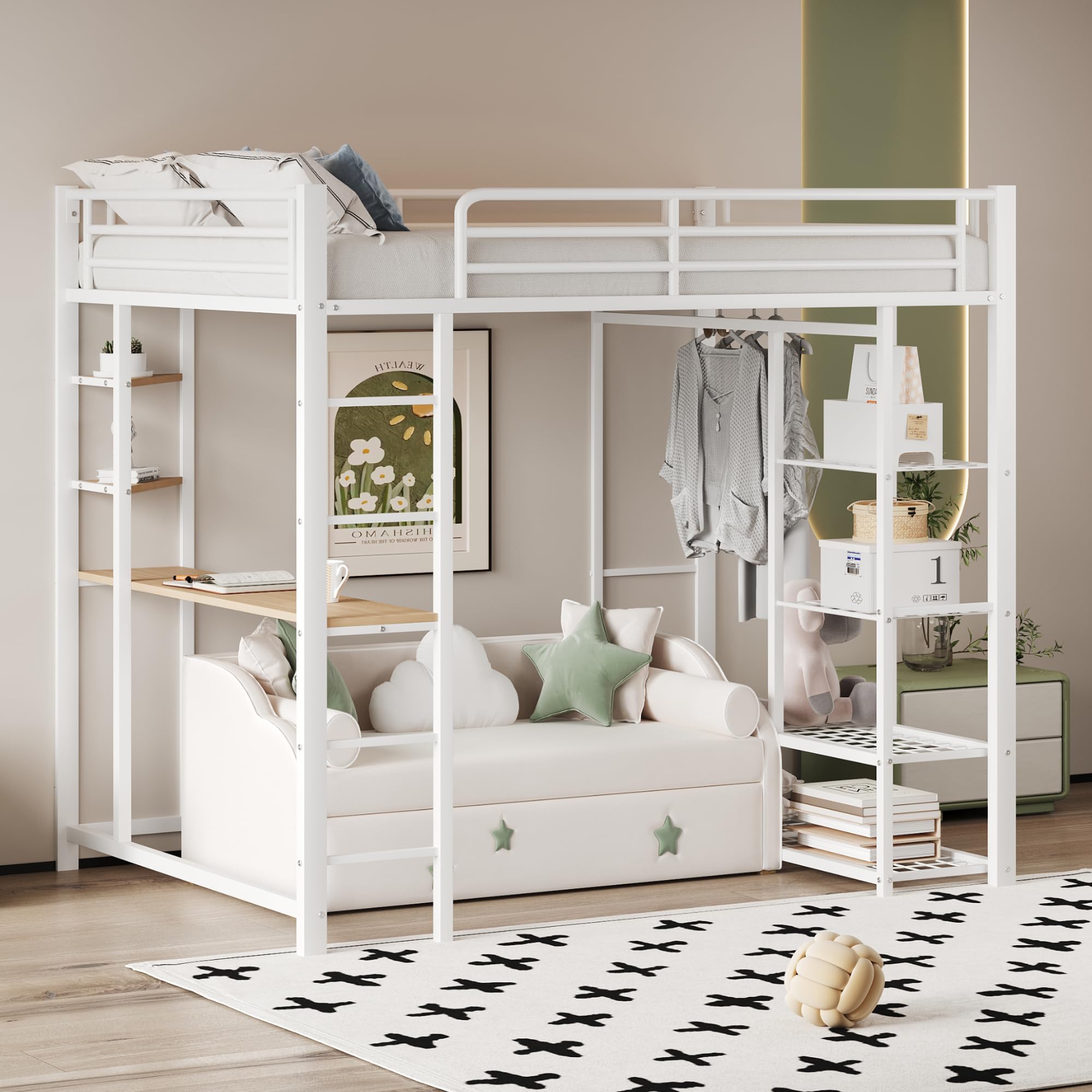 Dolamaní Letto a soppalco 90 x 200 cm, con scrivania e mensola, per ragazzi e adulti, capacità di carico 120 kg, letto in metallo con rete a doghe, stabile e aperto, bianco
