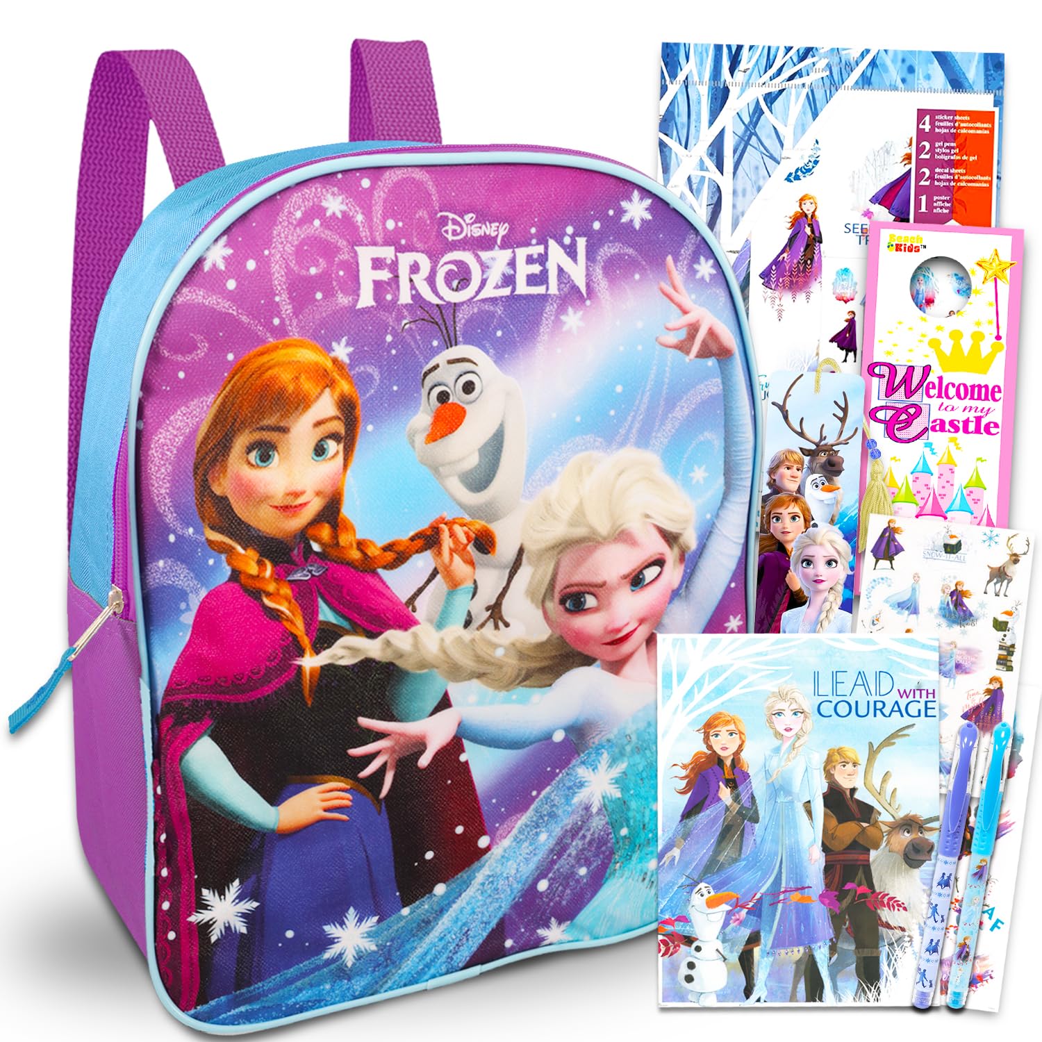Disney Frozen Anna and Elsa Mini Backpack ~ 4 Pc Bundle with 11” School Supplies Bag for Girls, Toddlers, Kids, Stickers, and More