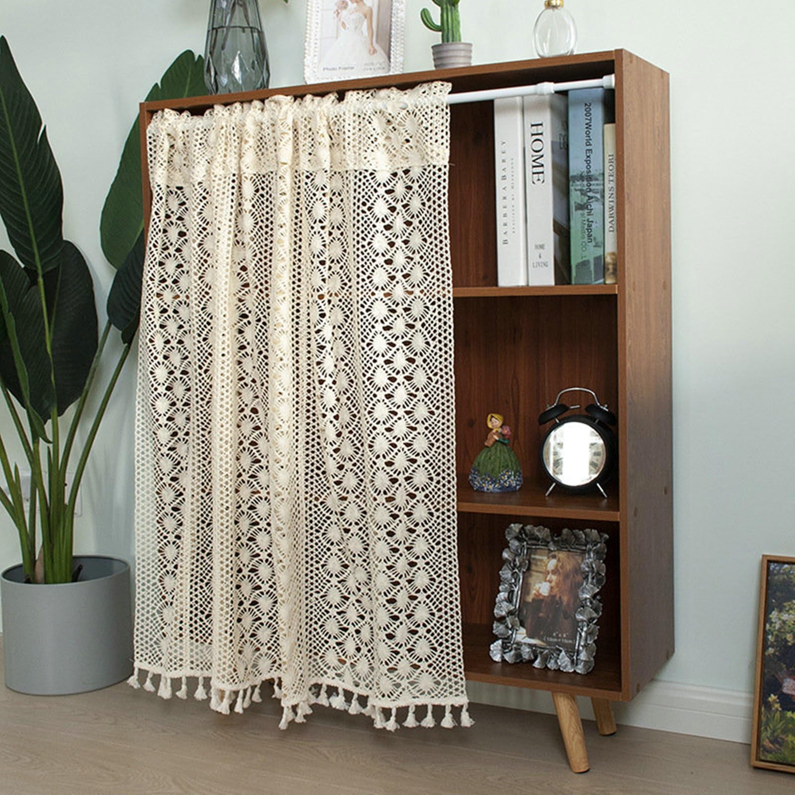 Epinki Zazdrostki i krótkie zasłony łazienkowe, beżowe, półprzezroczyste, styl vintage, boho, kwiatowy wzór z frędzlami, poliester, bawełna, zasłona woalowa, 1 sztuka, 150 x 120 cm (szer. x wys.)