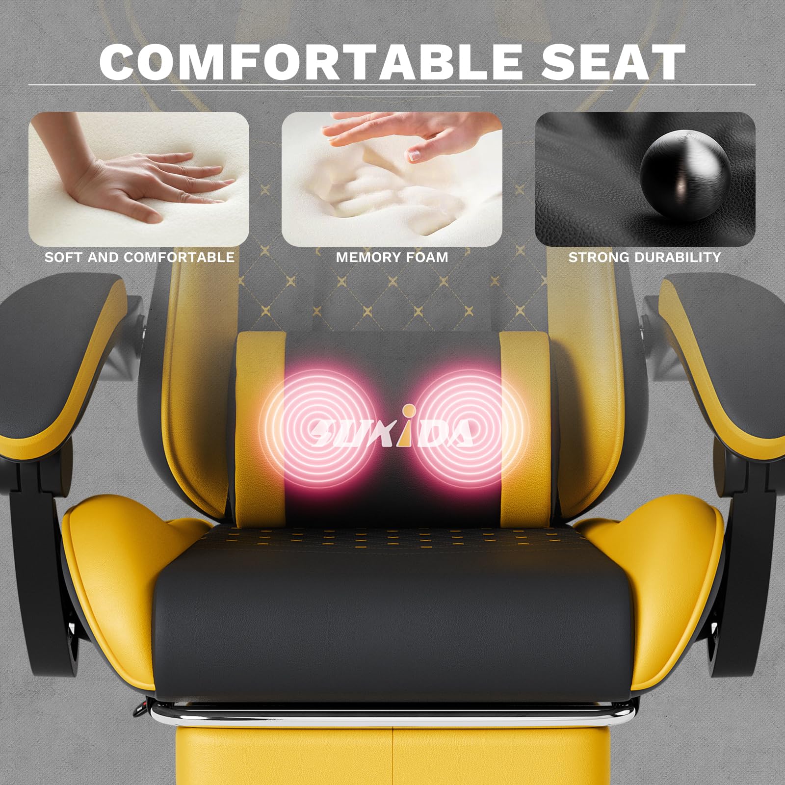 SUKIDA Gaming Stuhl, Ergonomischer Gaming-Stuhl mit Fußstütze, Racing Gamer Chair 90-135° Rückenlehne einstellbar, Computerstuhl Höhenverstellbar Lendenwirbelstütze, Blackyellow