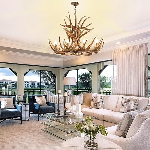 Miniatura 3 de Candelabro rústico de cornamenta de 9 luces, lámpara de araña de cornamenta de ciervo de granja, accesorios de luz retro de cuernos, marrón E12 para