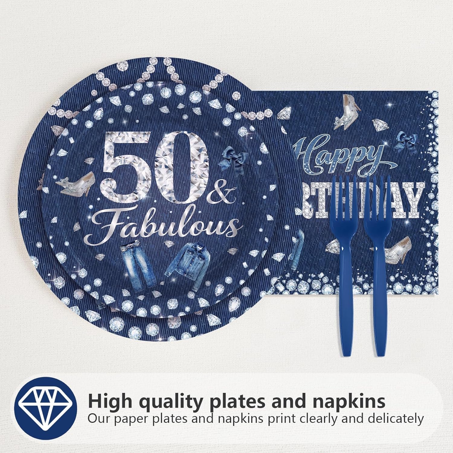 96Pcs 50th Birthday Party Decorations Denim and Diamonds Theme 50 Years Old Plates and Napkins Disposable Tableware Set for Men Women 50th Birthday Cowboy Retirement Party Supplies, Serves 24 - Image 2