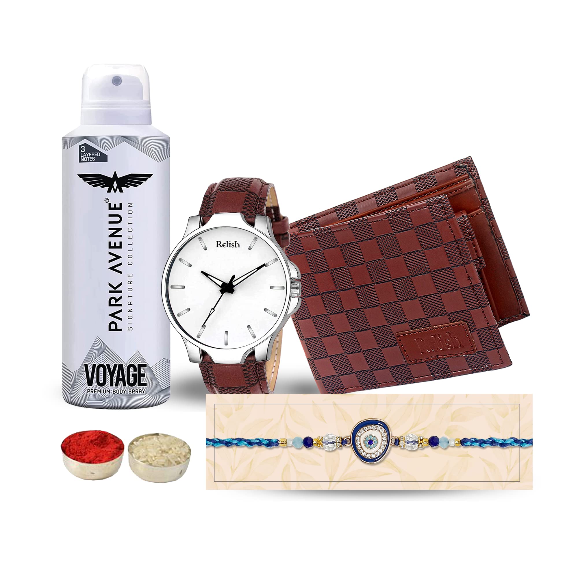 Relish Analogue White Mens Watch & Park Avenue Deodorant, Wallet, Evil Eye Rakhi| Rakhi Combo for Brother | Gift Combo Set for Bhaiya (B0C5MK4VDB) Amazon Price History, Amazon Price Tracker