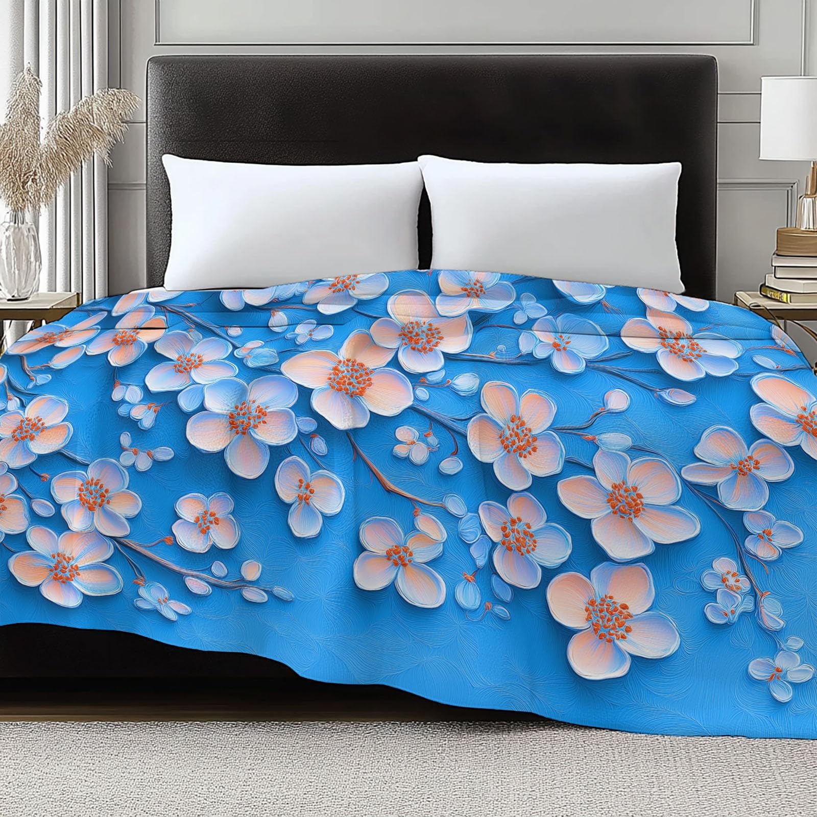Manta de Franela Estampada Plantas 3D Flores De Albaricoque Elegantes, 220 x 240 cm Manta de Microfibra Suave Anti-Pilling para sofá Cama decoración de sofá Viajes Camping, Azul