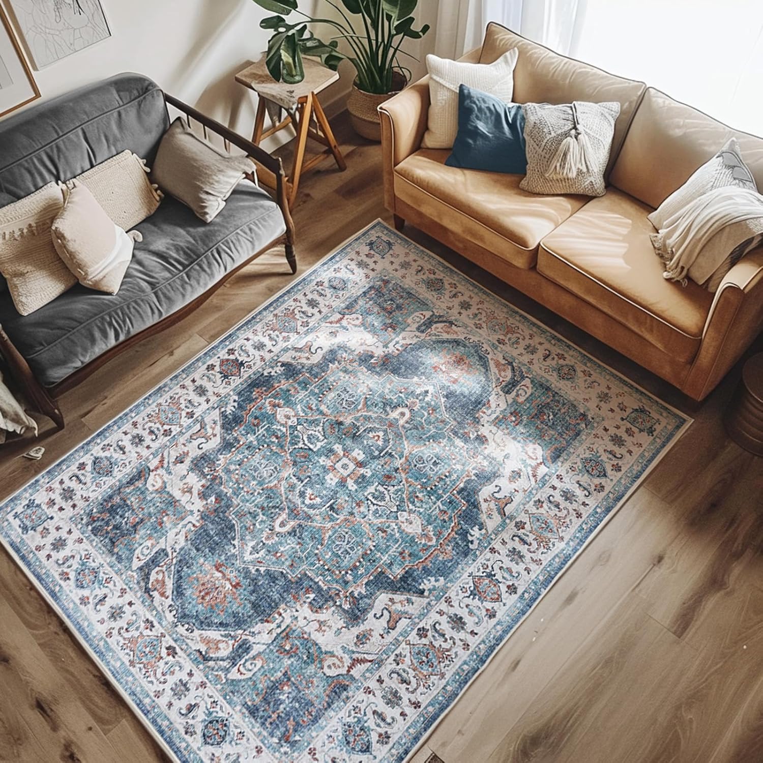 ( similar) jinchan Area Rug 8x10 Washable Rug Vintage Rug Kitchen Floor Cover Traditional Rug Foldable Thin Rug Blue Multi Distressed Floral Print Indoor Mat for Bathroom Bedroom Living Room Dining Room Medallion Blue Multi