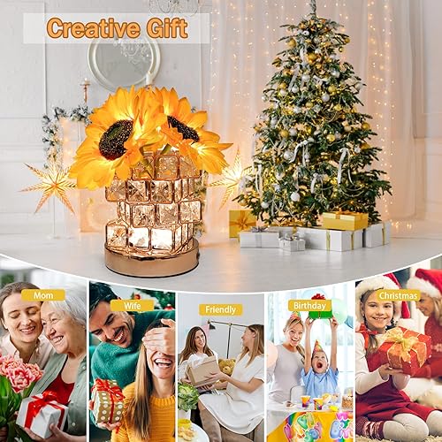 Miniatura 6 de Lámpara de mesa de girasol, lámpara LED de flores artificiales regulable, lámpara táctil con jarrón de cristal en cubo, lámparas inalámbricas