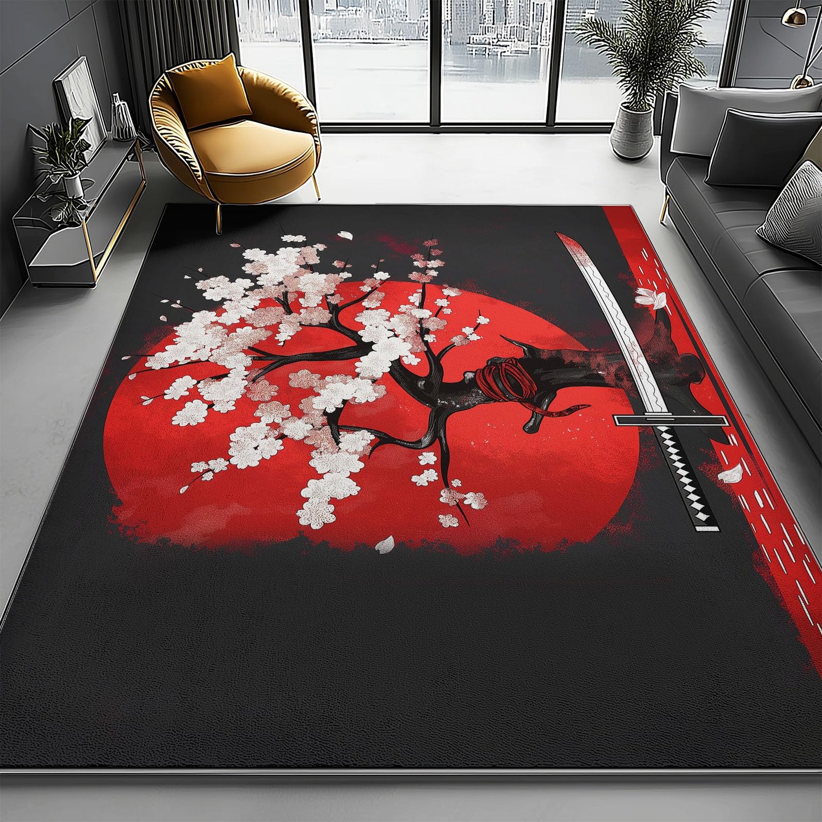Tapis de salon motif samouraï noir et rouge 80x150cm pour chambre et bureau