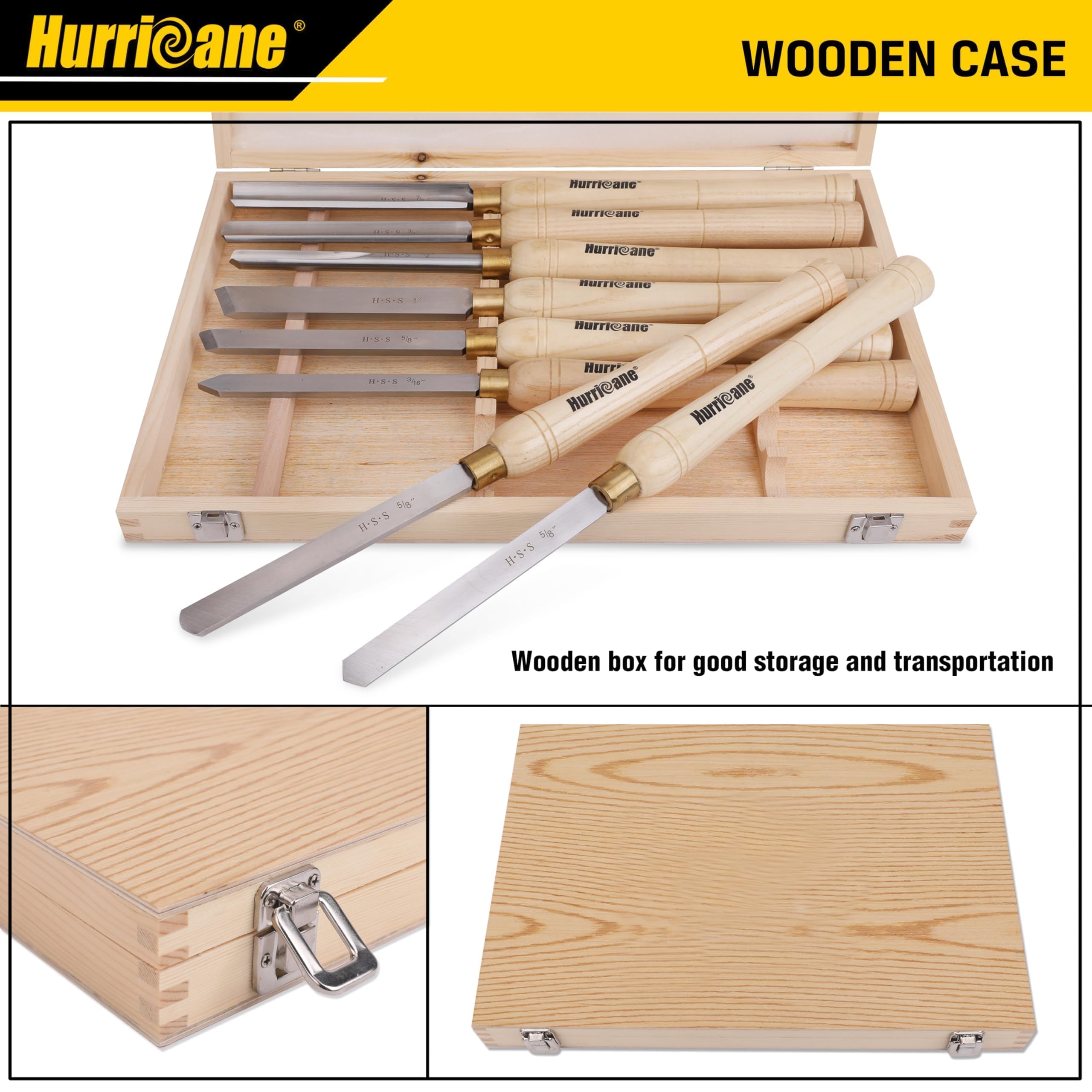 HURRICANE Juego de cinceles para torno de madera, 8 piezas HSS herramientas de torneado de torno de madera, herramientas de torno para carpintería con caja de madera