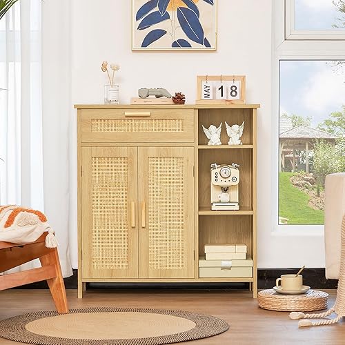Miniatura 9 de WEENFON Armario de almacenamiento con puertas de ratán natural, gabinete de buffet con cajón y estantes, aparador con almacenamiento, para sala de