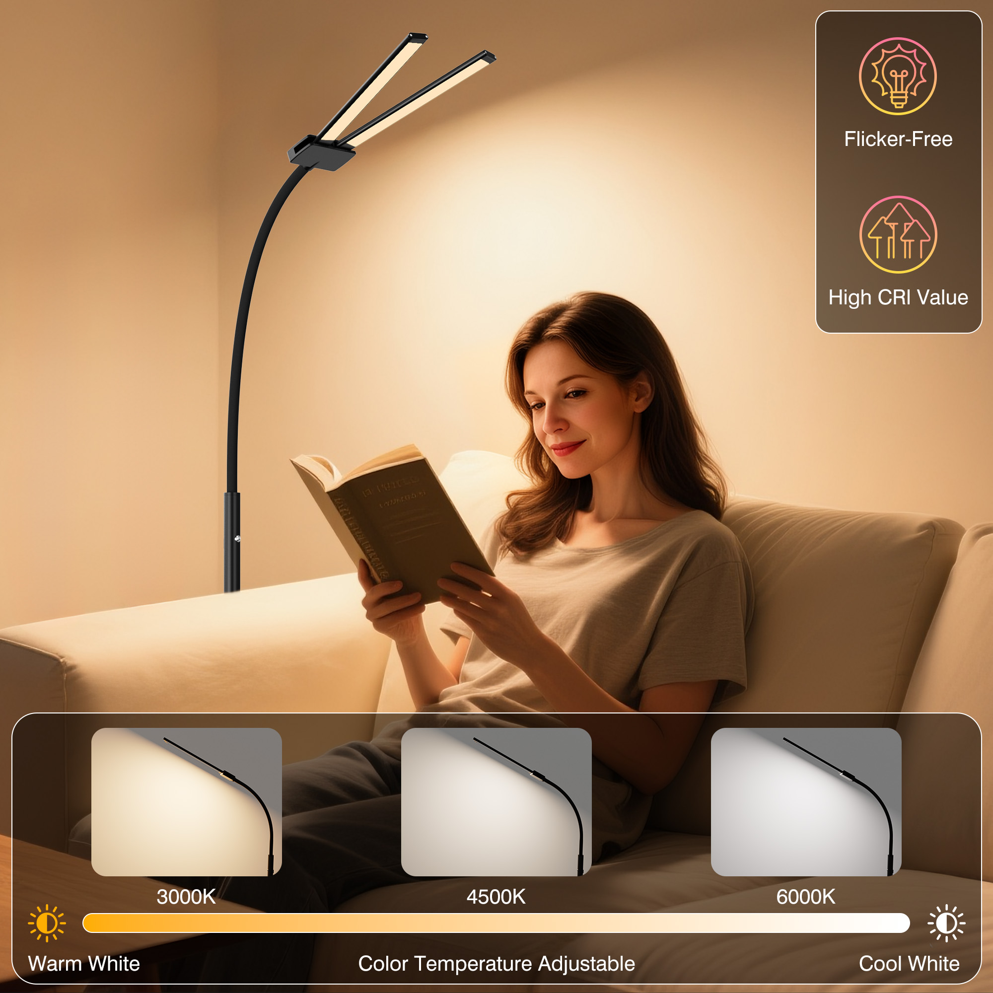 Image of Cordless Floor Lamp Rechargeable, 15W Bright LED Floor Lamp with 8000mAh Battery, Dual Head Gooseneck Standing Lamp, 3 Color Temperatures, Stepless Dimming Battery Floor Lamp for Bedroom Office
