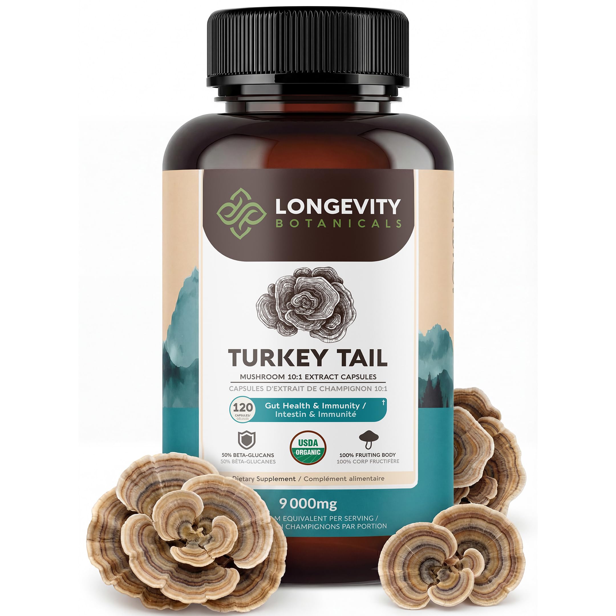 Organic Turkey Tail Mushroom Capsules Supplement (120) | Pure Fruiting Body 10:1 High Strength Extract | 50% Beta-D Glucans | 9,000mg Raw Equivalent Per Serving | Immune, Gut & Microbiome Support