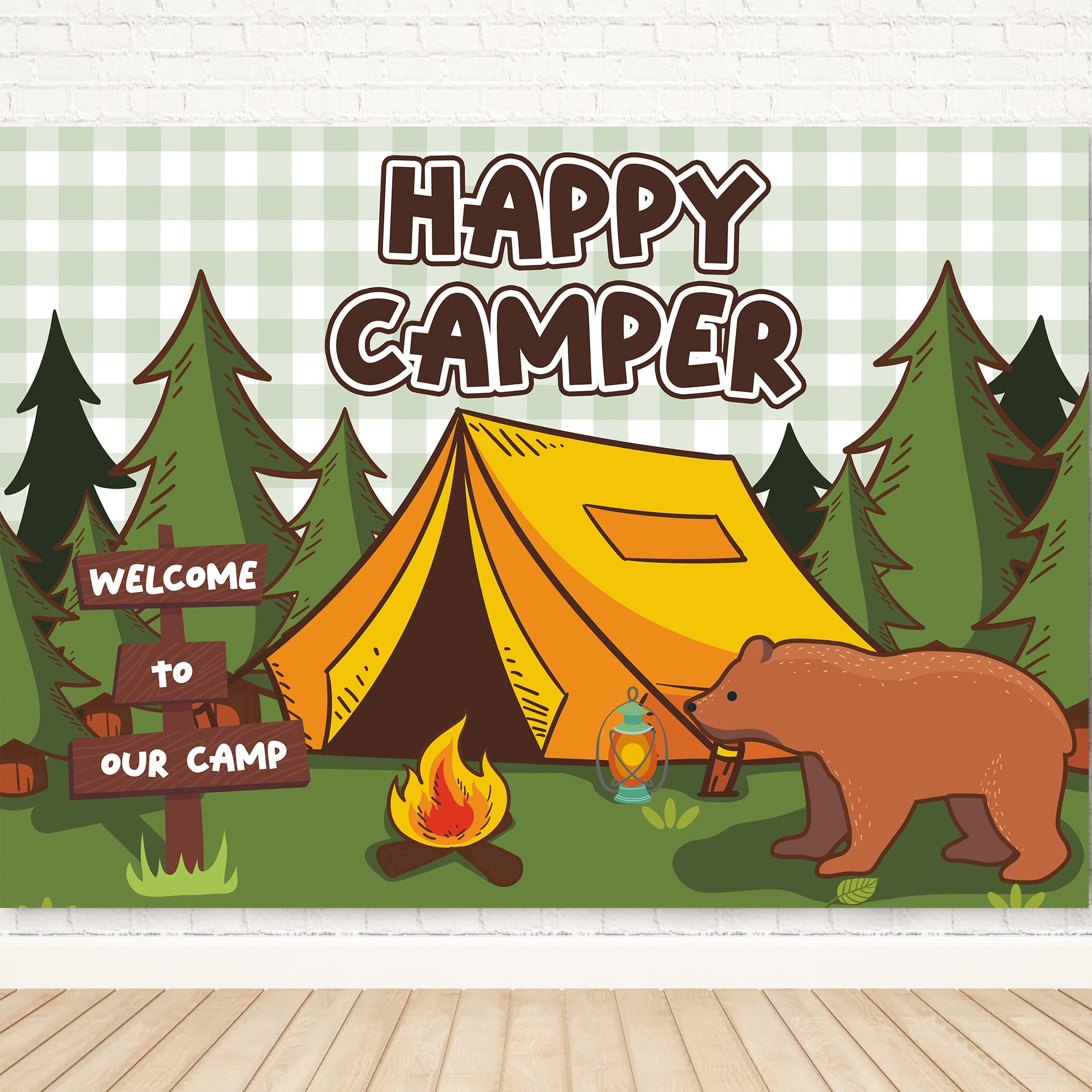 Newsely Camping Themed Backdrop 7Wx5H Photography Happy Camper Decor Cartoon Bear Forest Campfire Birthday Background for Boys Kids Party Decorations Banner Photo Booth Props Supplies